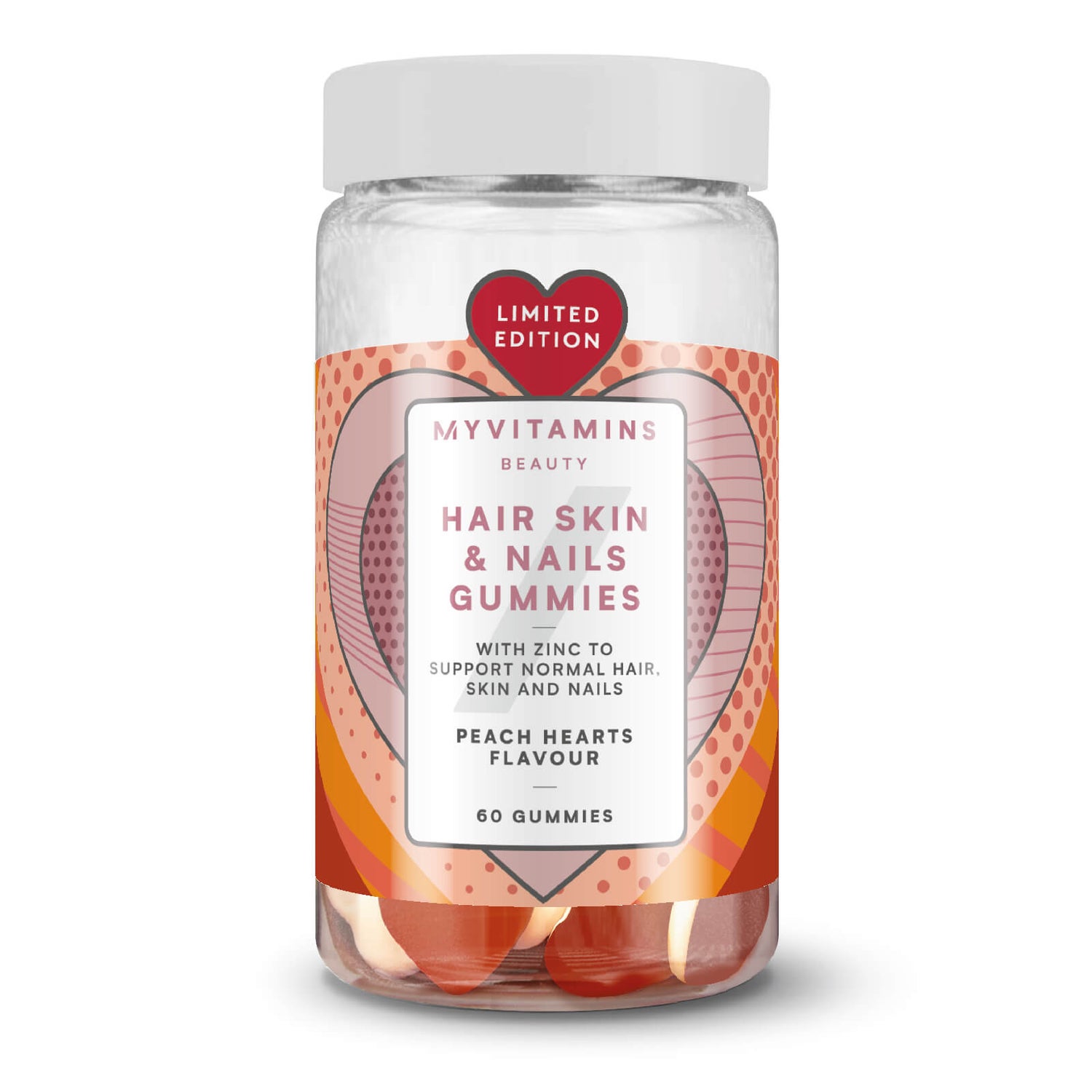Жевательные витамины для волос, кожи и ногтей со вкусом персика - 60gummies - Peach Heart