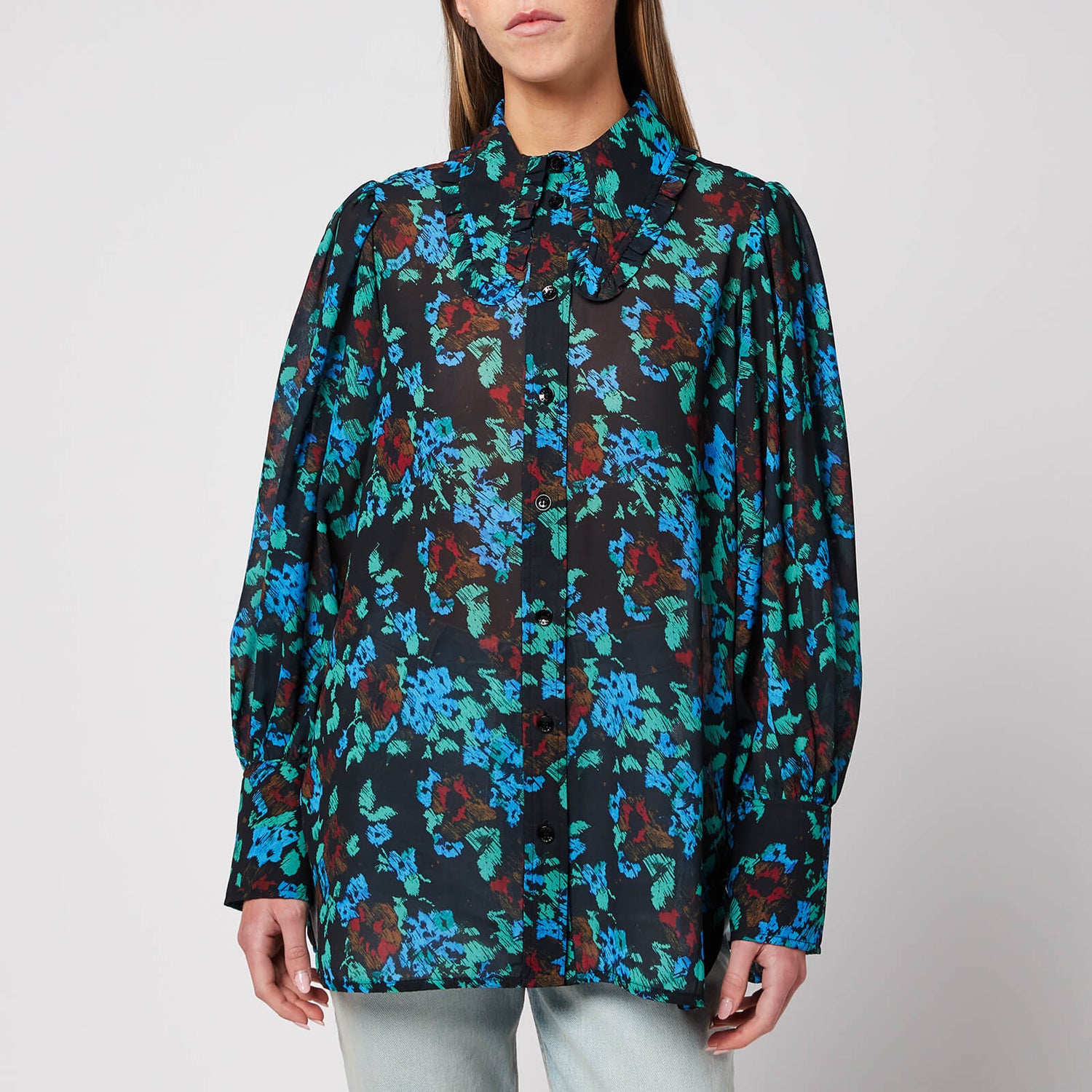 Ganni Women's Printed Light Crepe Shirt - Meadow Azure Blue - EU 34/UK 6