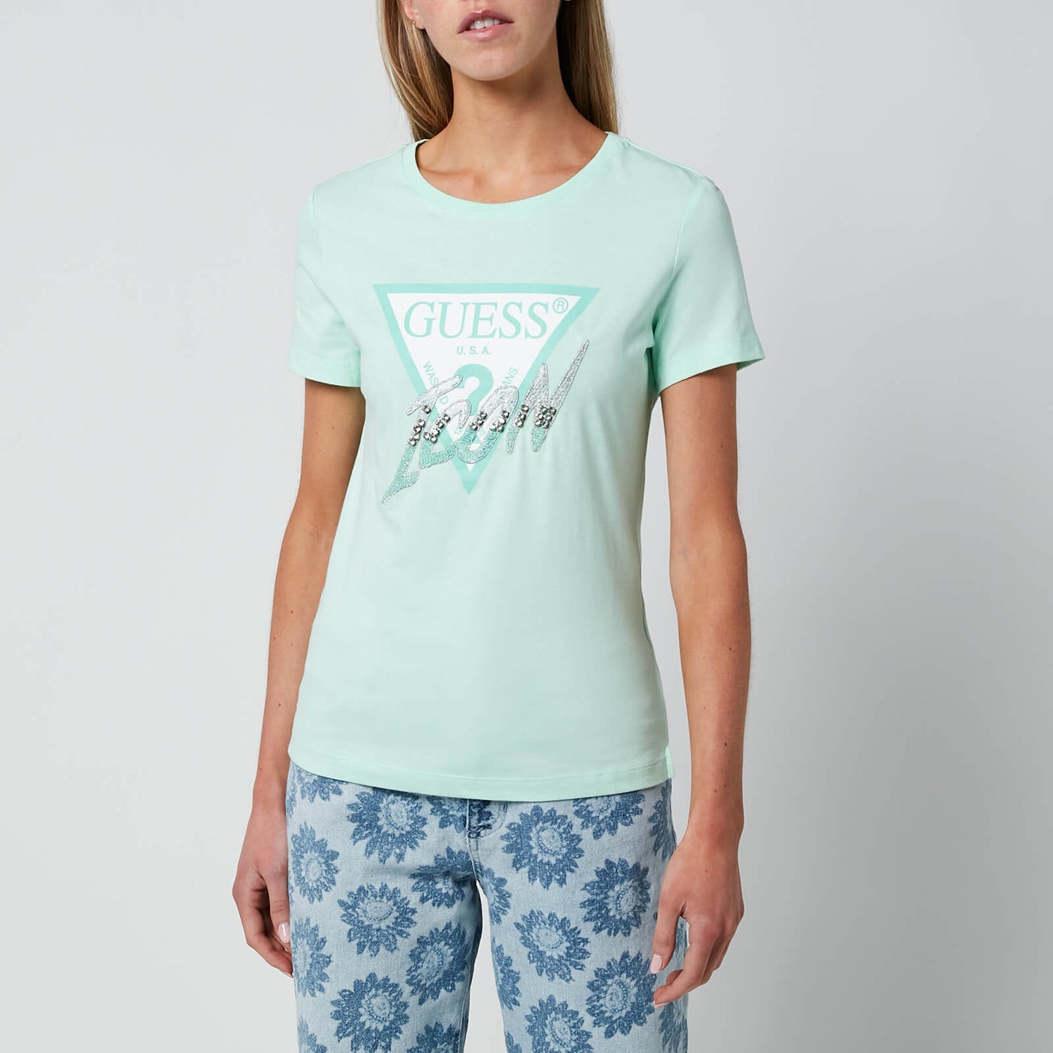 Guess Women's Short Sleeve Crewneck Icon T-Shirt - Aqua Breeze
