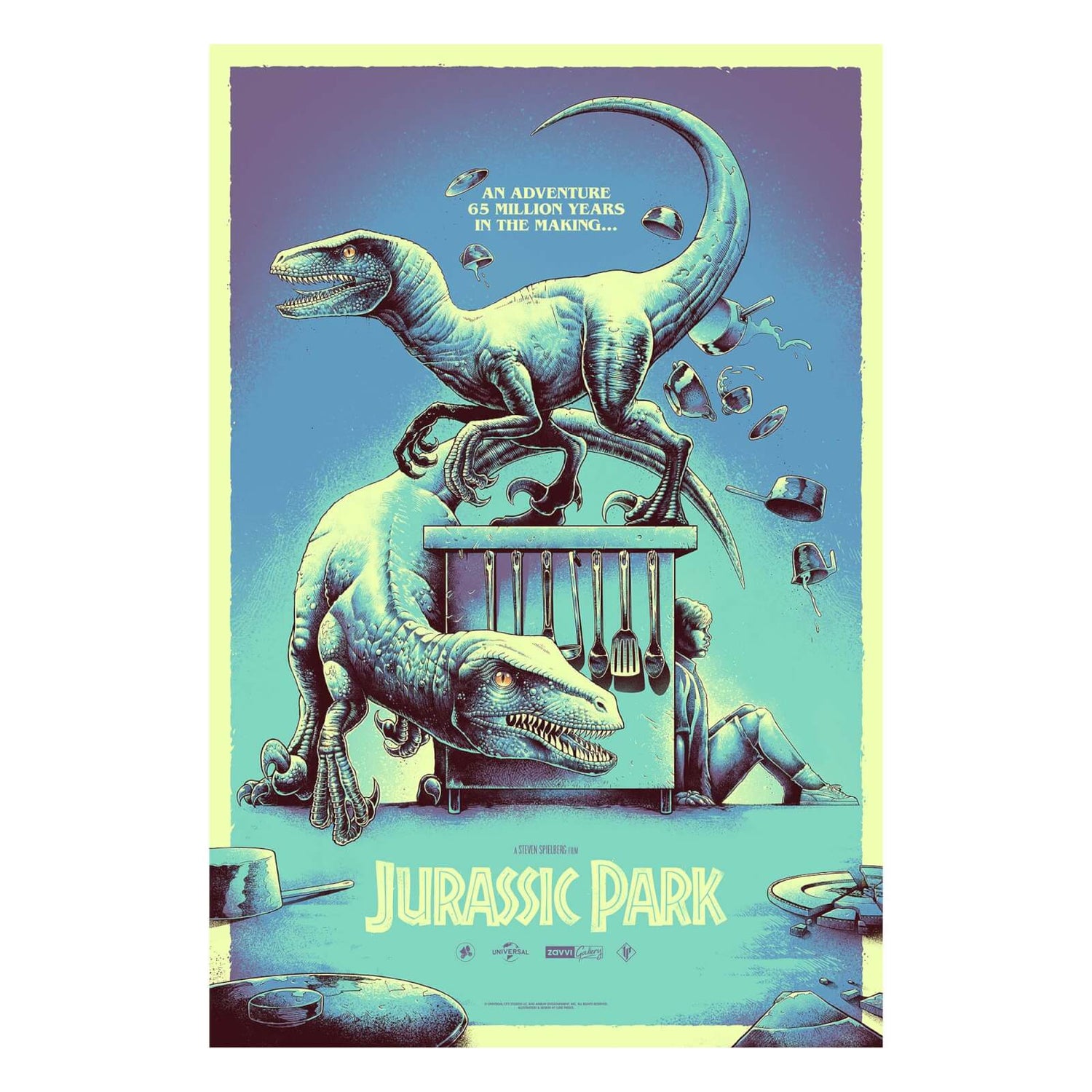 Jurassic Park x Luke Preece - Raptors in the Kitchen - Glow in the Dark - Screen-Print -24"x36”.
