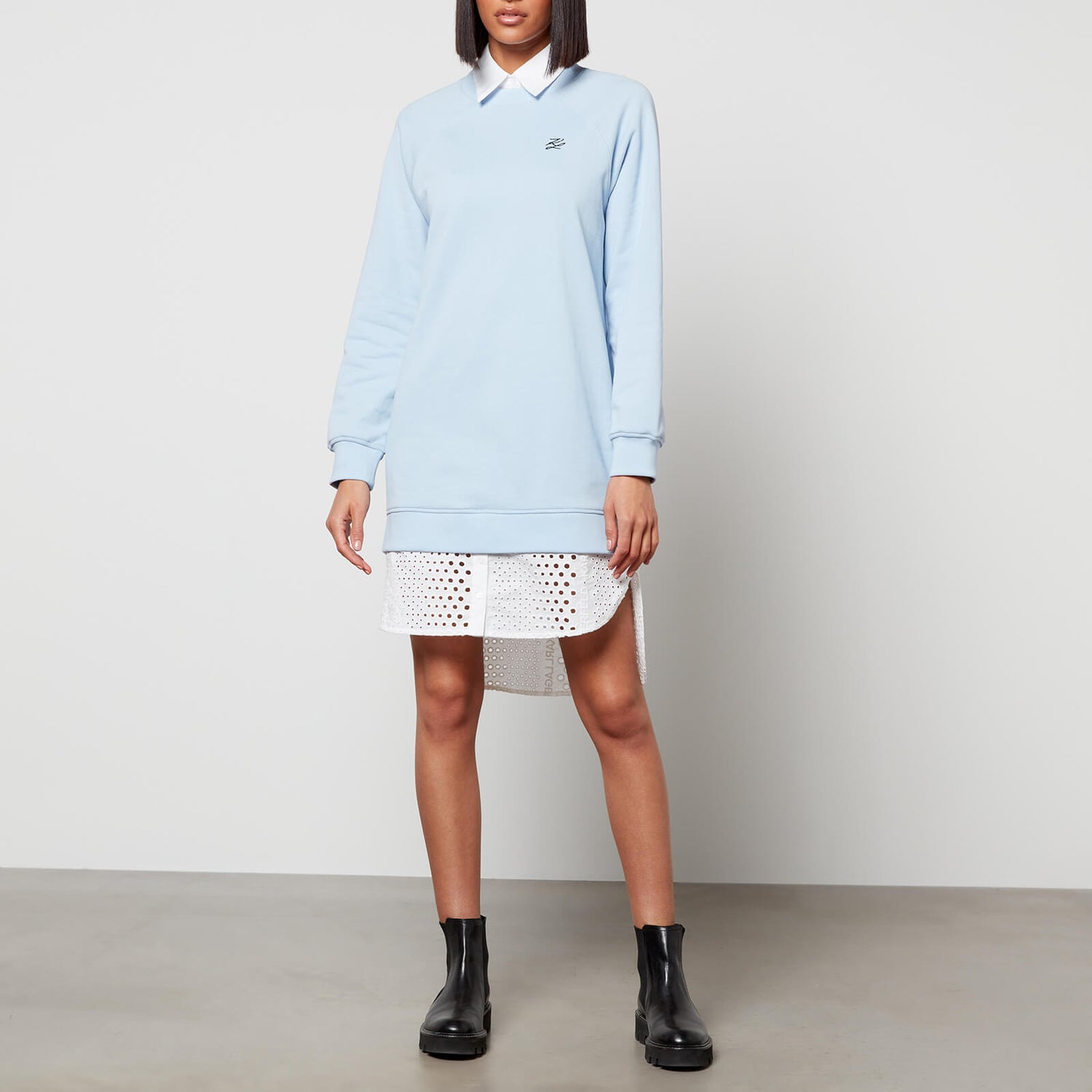 KARL LAGERFELD Women's Broderie Anglaise Sweat Dress - Blue/White - L