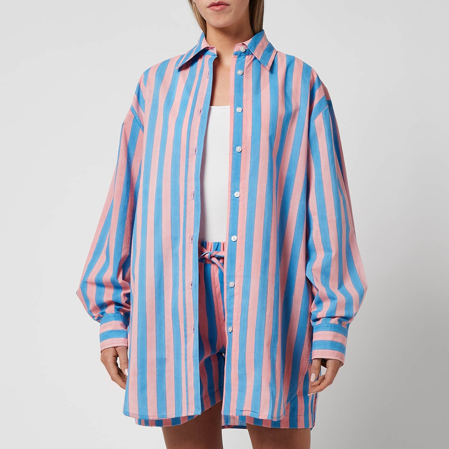 SZ Blockprints Women's Oversized Button Down Shirt - Faded Rose & London Blue - S