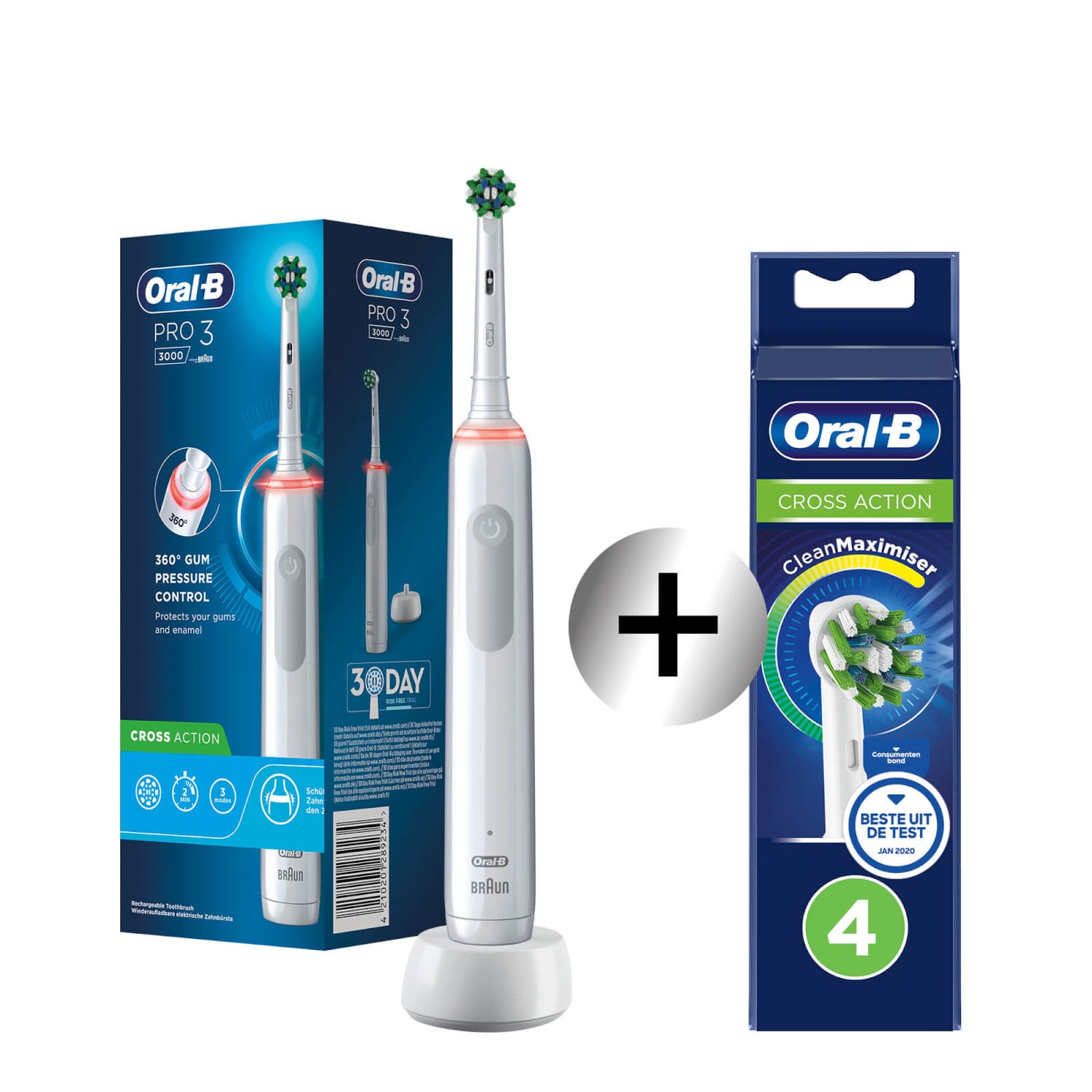 Oral-B Pro 3000 Cross Action Elektrische Tandenborstel Wit + 4 Opzetborstels