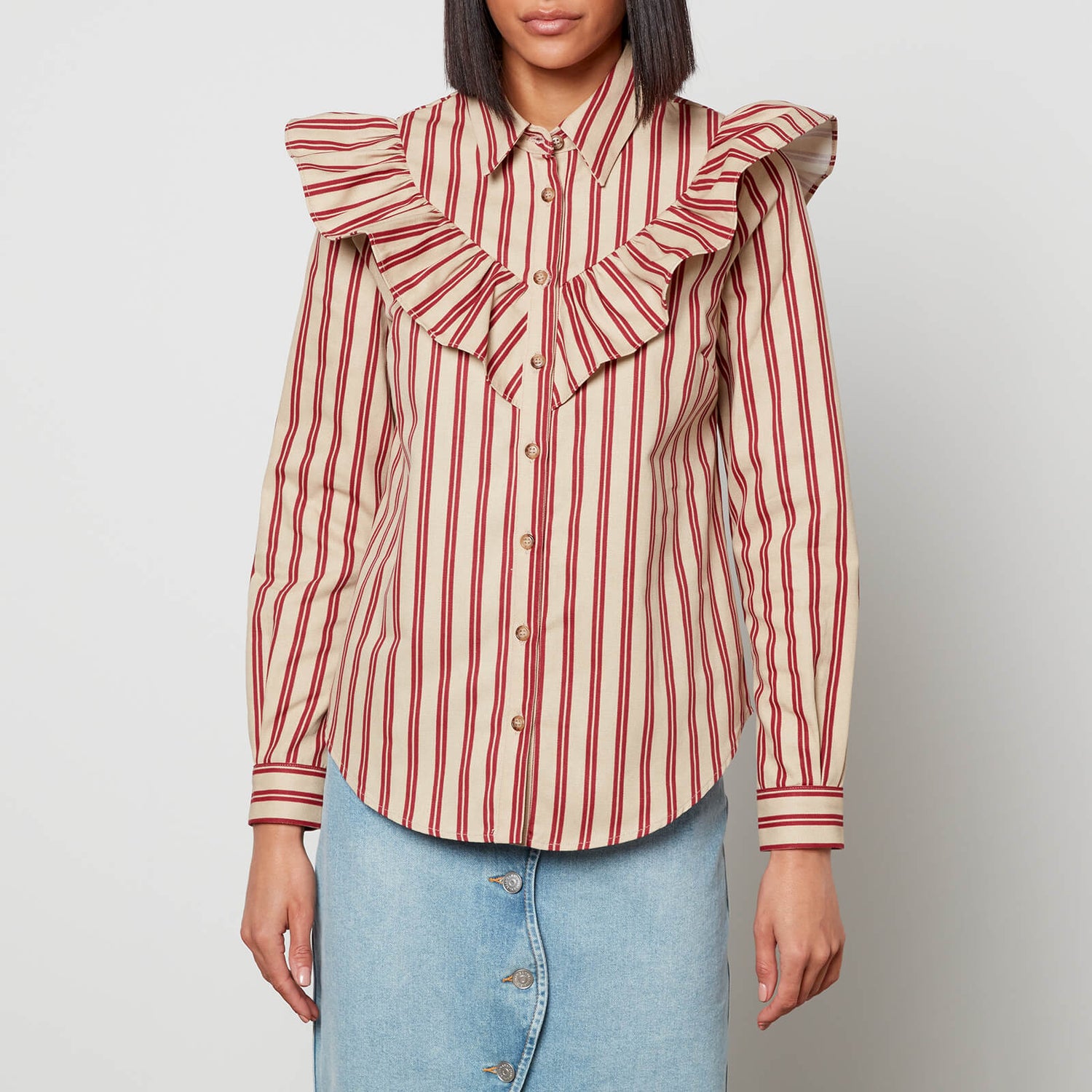 Kitri Women's Lucinda Striped Canvas Frilled Shirt - Berry Ticking Stripe - UK 6