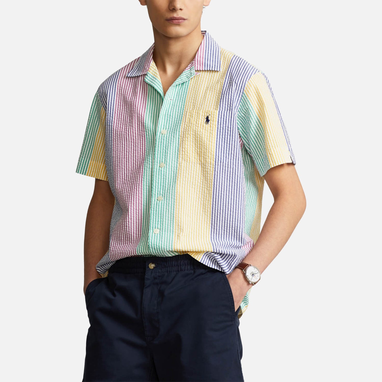 Polo Ralph Lauren Men's Seersucker Striped Short Sleeve Shirt - Blue/Rose Multi