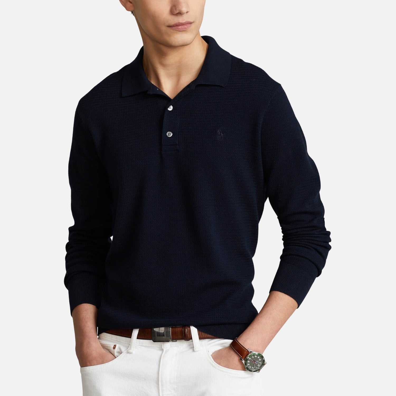 Polo Ralph Lauren Men's Custom Slim Fit Textured Long Sleeve Polo Shirt - Aviator Navy
