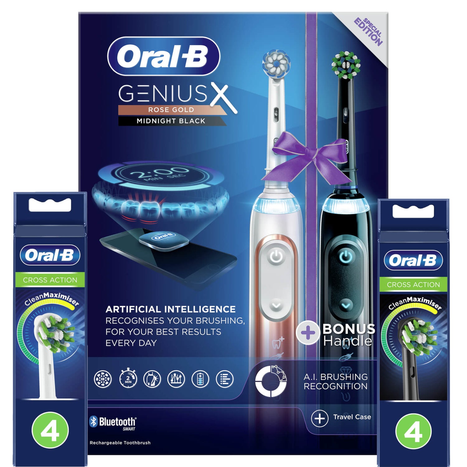 Oral-B Genius X Duo Pack of Two Electric Toothbrushes, Rose Gold & Black