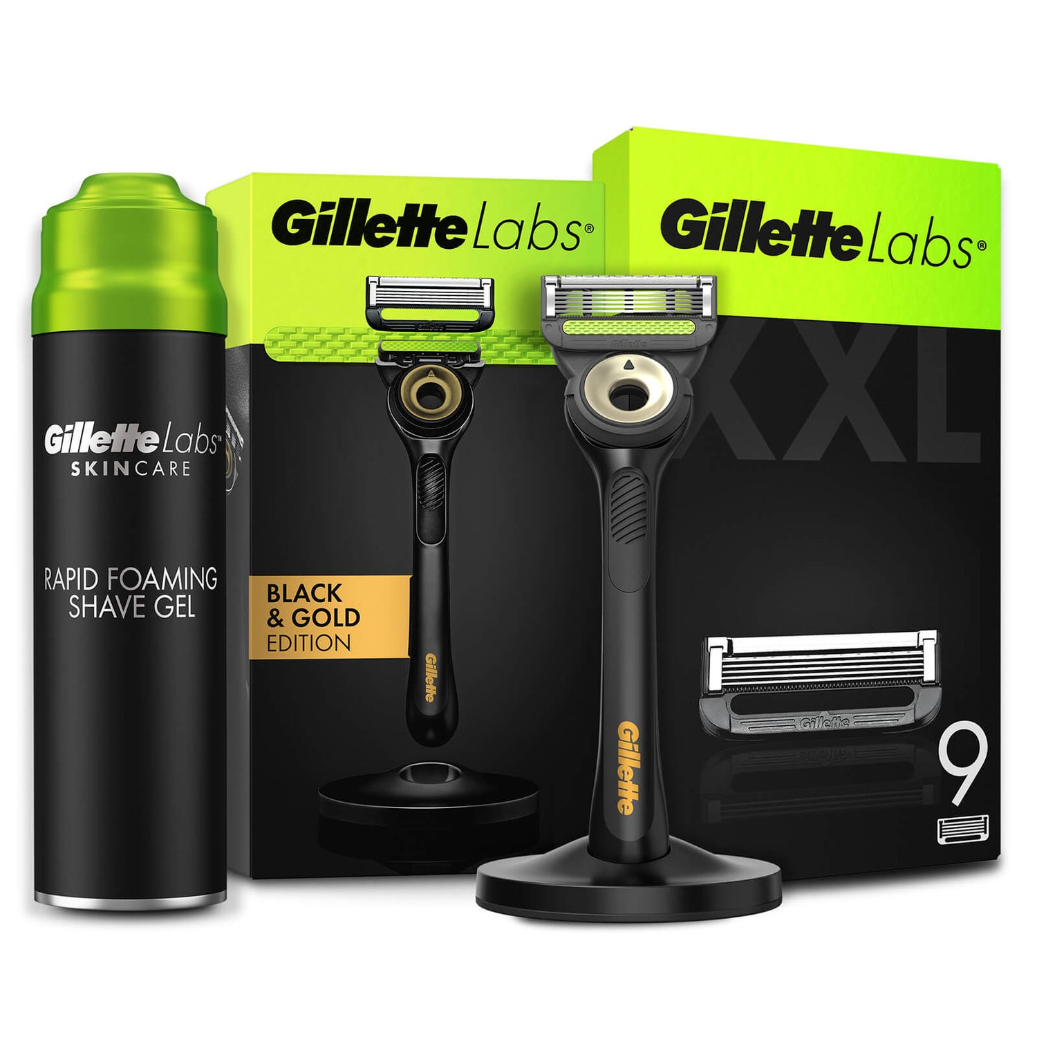 Gillette Labs Black & Gold Razor, Shaving Gel and 9 Count Blades