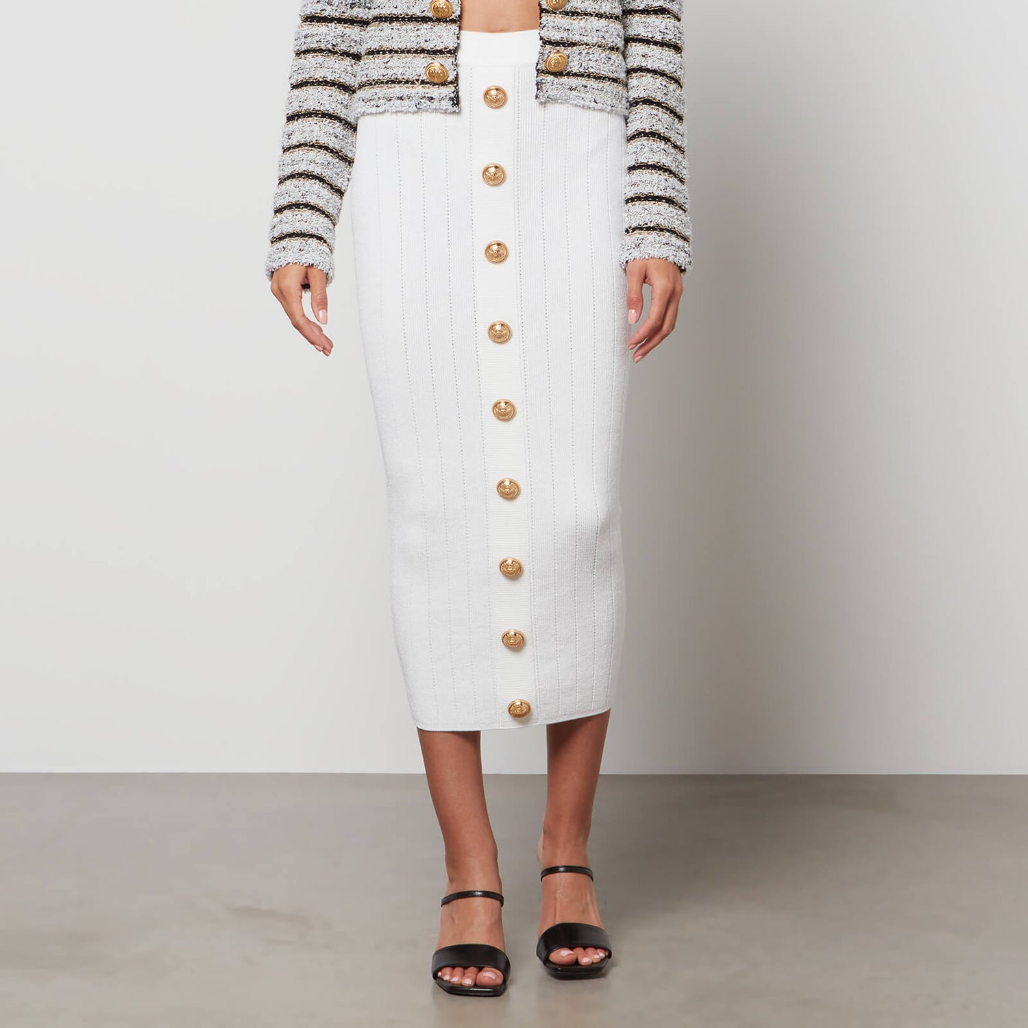 Balmain Women's Buttoned Knit Midi Skirt - White - FR 34/UK 6