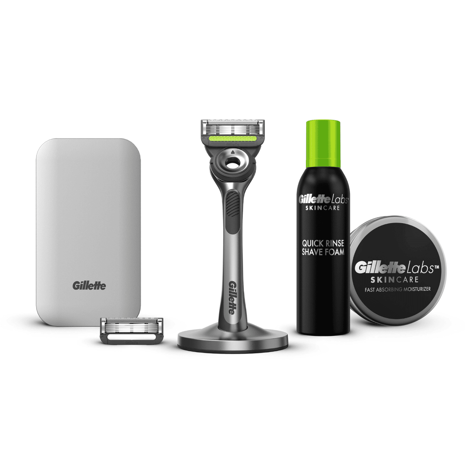 Gillette Labs Exfoliating Razor with Magnetic Stand, Travel Case, Razors Refill, Silver, Moisturiser, Shaving Foam