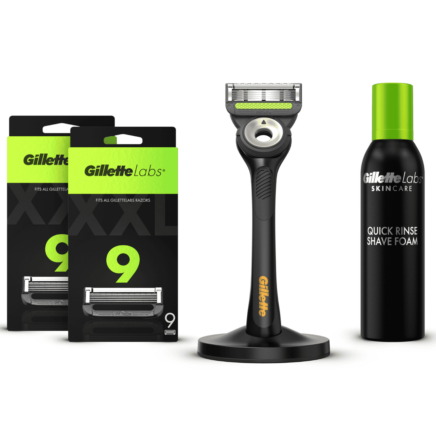 Gillette Labs Razor with Exfoliating Bar and Magnetic Stand (Black & Gold), Shaving Foam and 18 Count Blades
