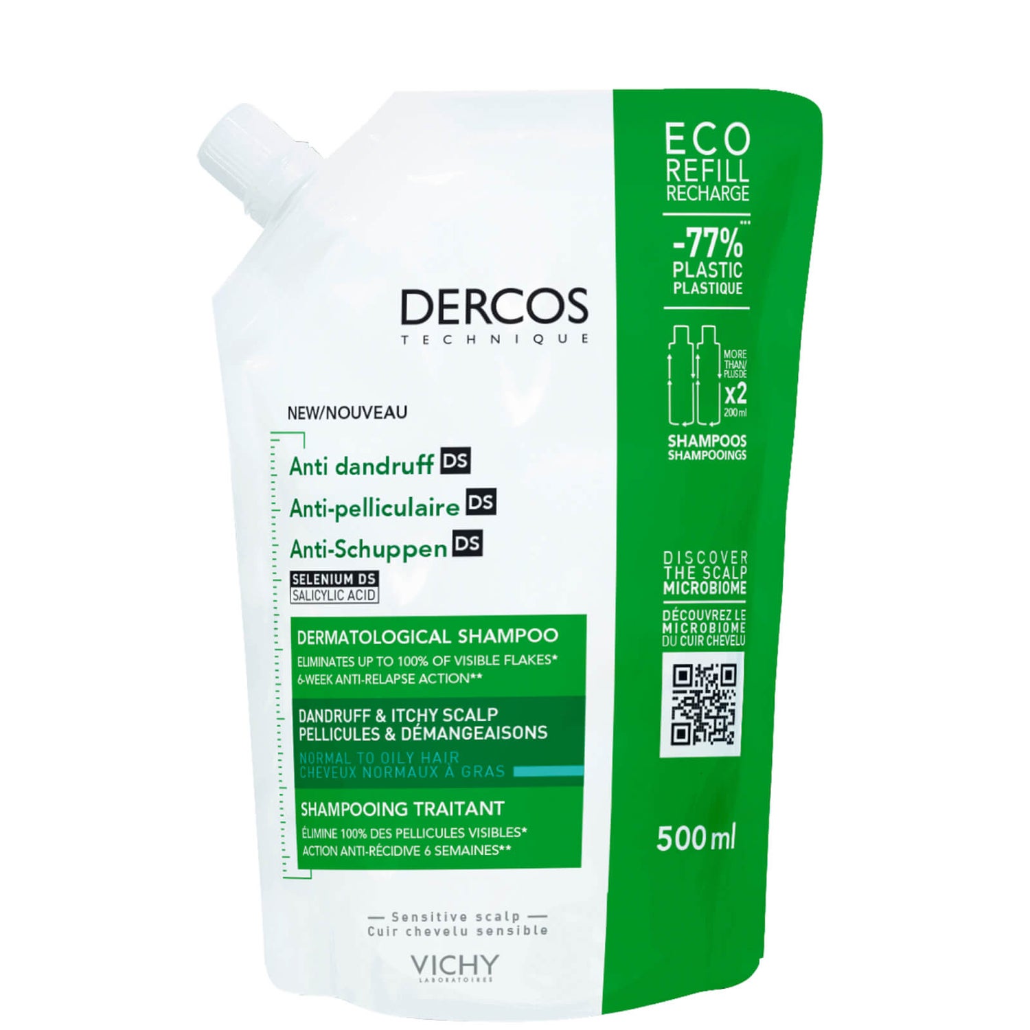 Vichy Dercos Anti-Dandruff DS Shampoo Eco Refill for Normal to Oily Hair zapas szamponu przeciwłupieżowego 500 ml