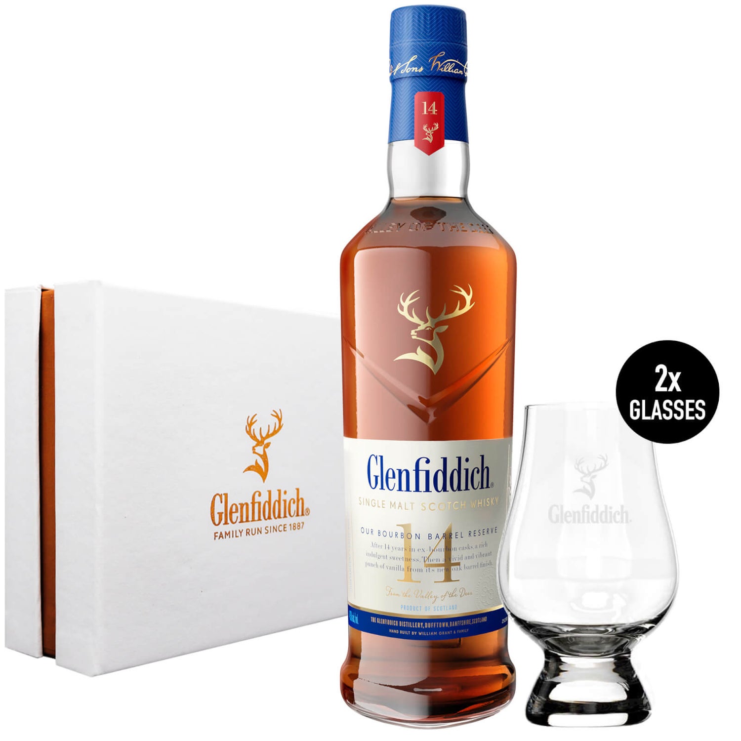 Glenfiddich 14 Year Old Bourbon Barrel Reserve Single Malt Scotch Whisky 70cl + 2 Glenfiddich Glencairn Glasses in a Presentation Box