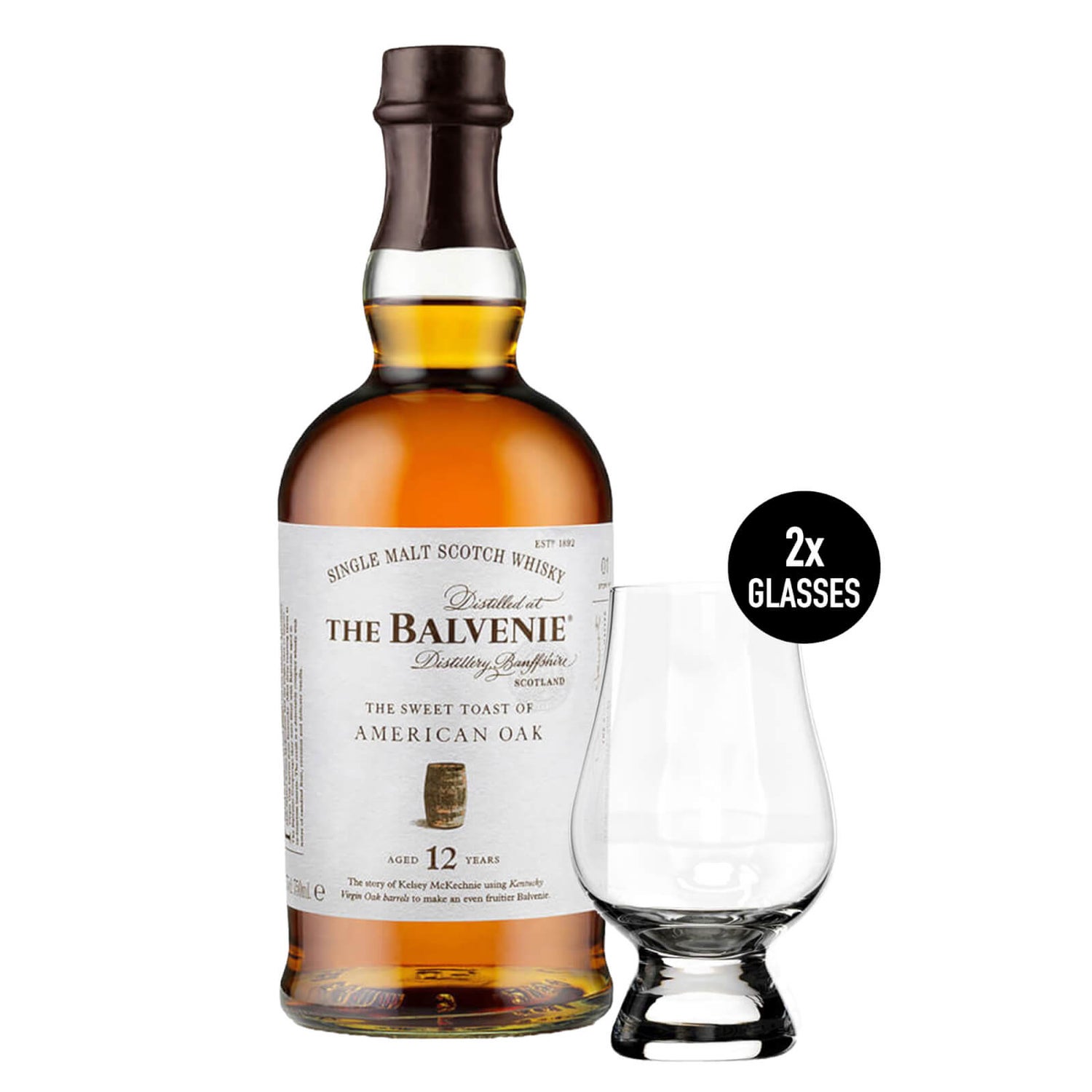 The Balvenie Stories The Sweet Toast of American Oak 12 Year Old Single Malt Scotch Whisky 70cl + 2 Glencairn Glasses in a Presentation Box