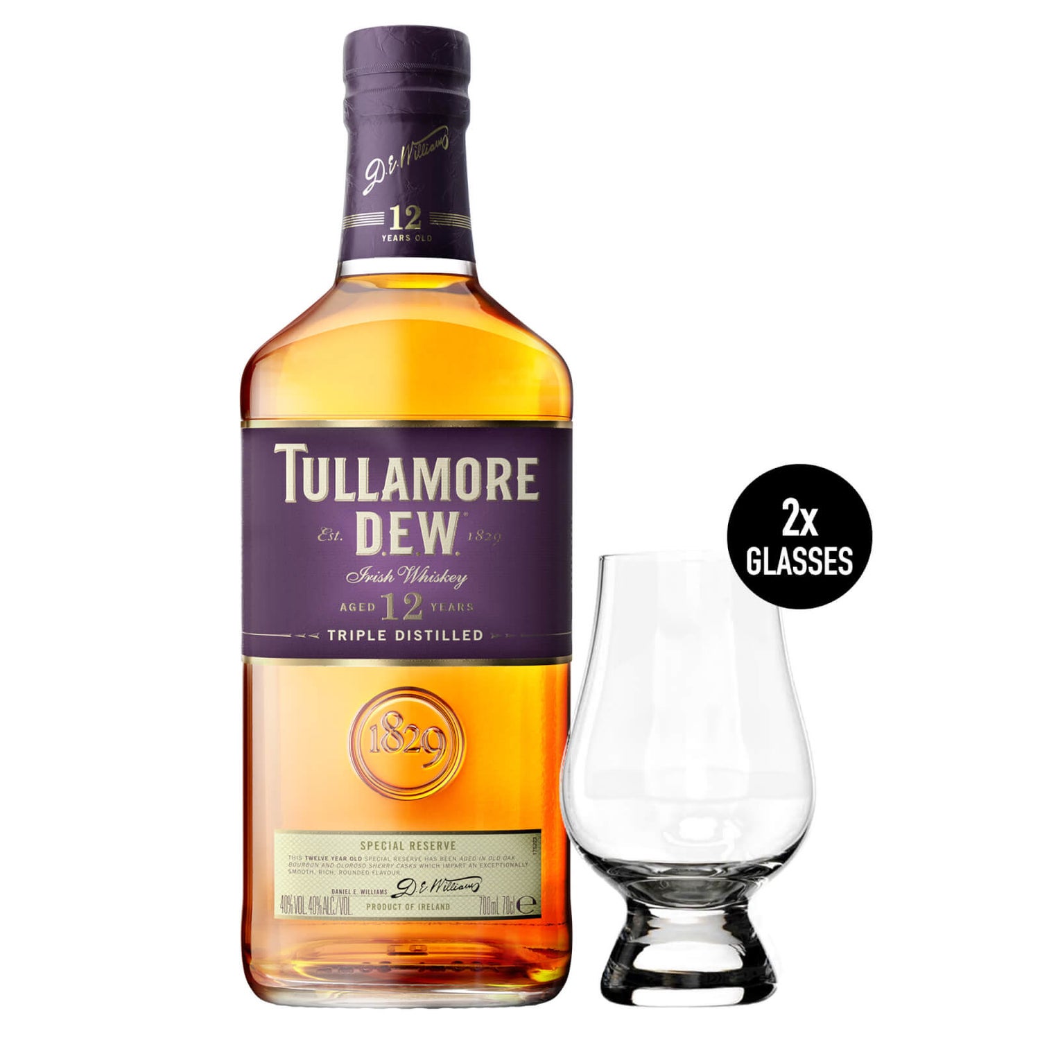 Tullamore D.E.W. 12 Year Old Special Reserve Irish Whiskey 70cl + 2 Glencairn Glasses in a Presentation Box