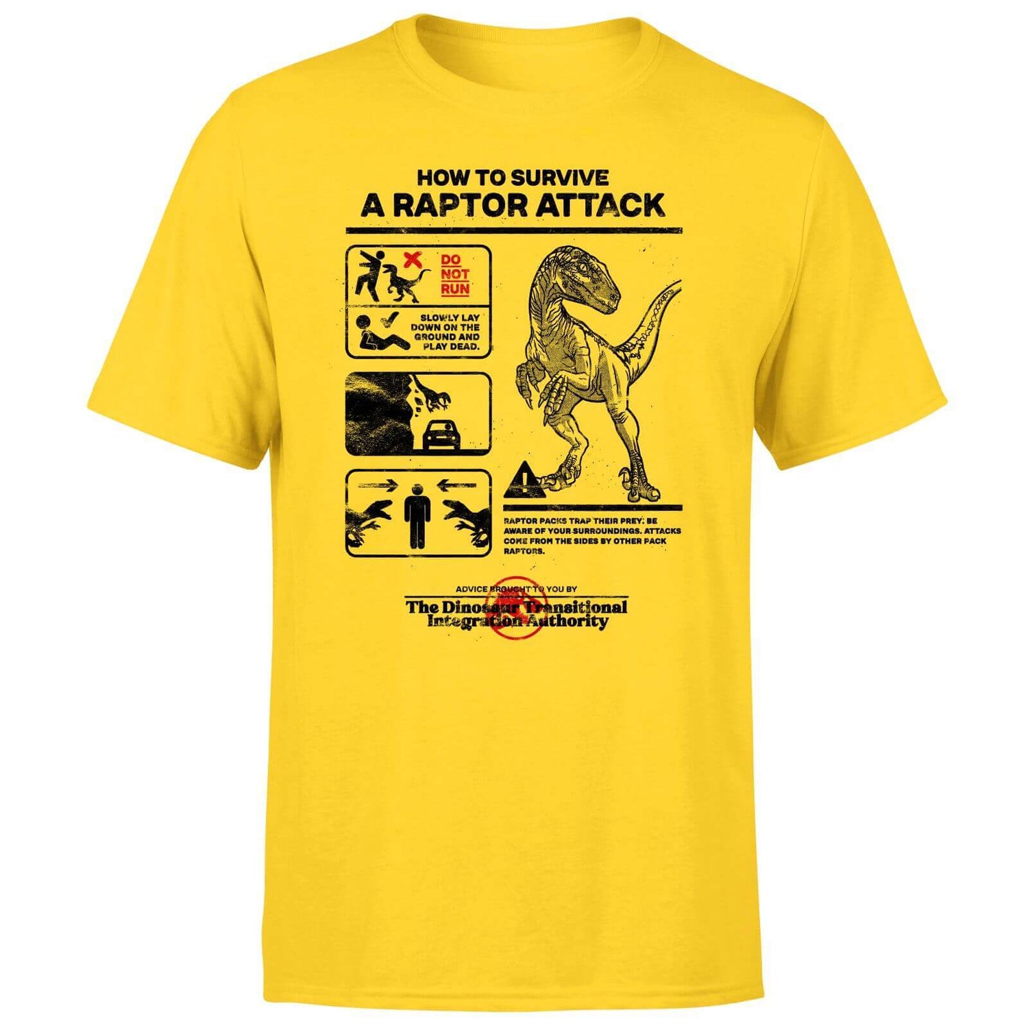 Camiseta unisex Jurassic World Raptor Attack Survival Guide - Amarillo