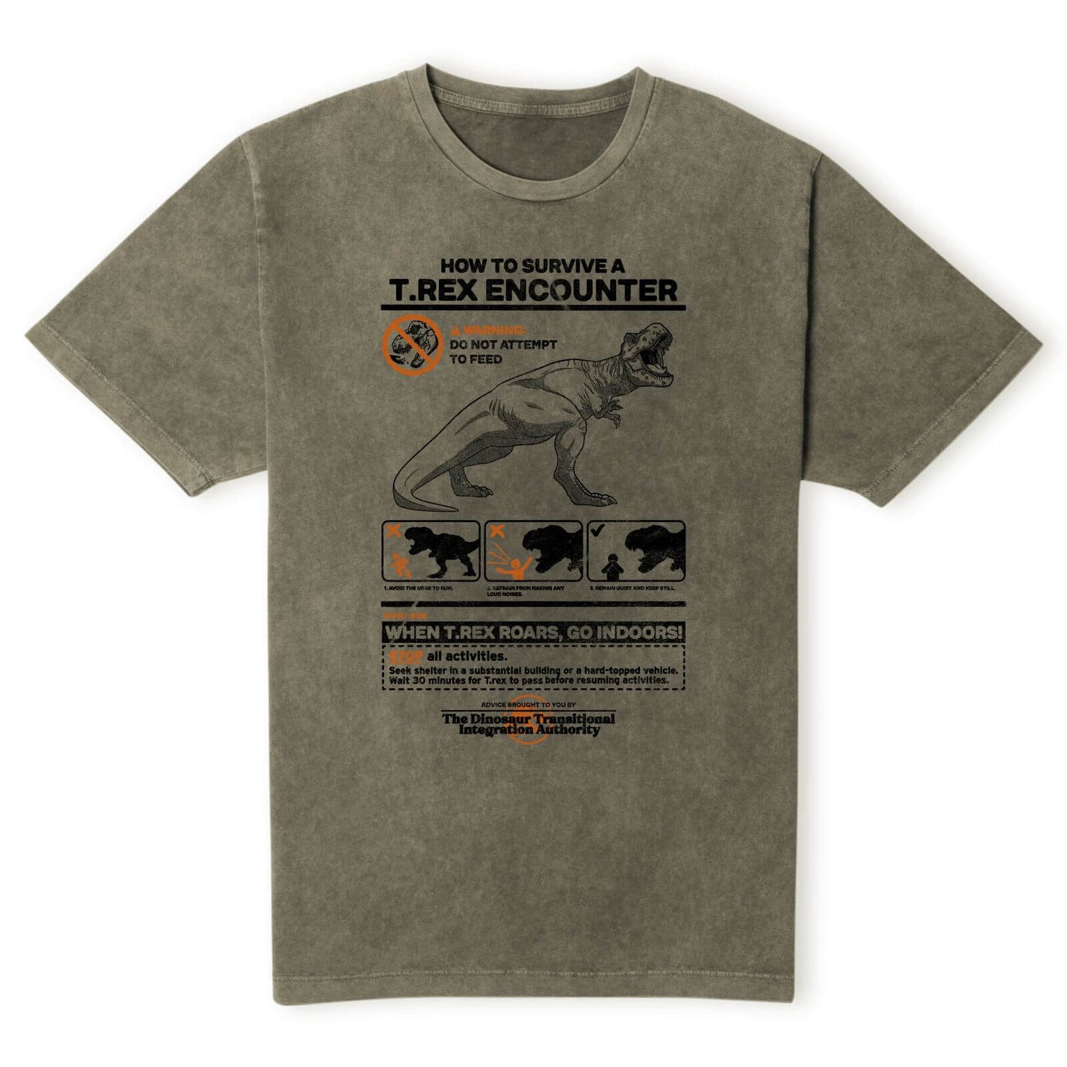Jurassic World T-Rex Encounter Survival Guide Unisex T-Shirt - Khaki Acid Wash
