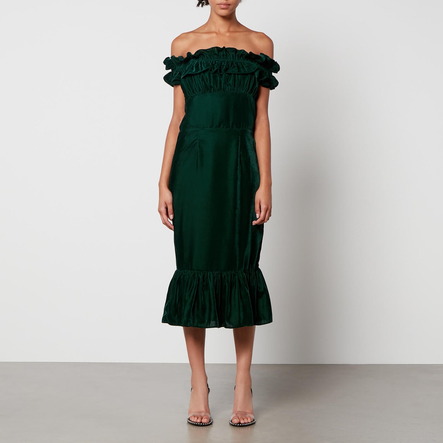 Hope & Ivy Eve Ruffle-Trimmed Velvet Midi Dress - UK 10