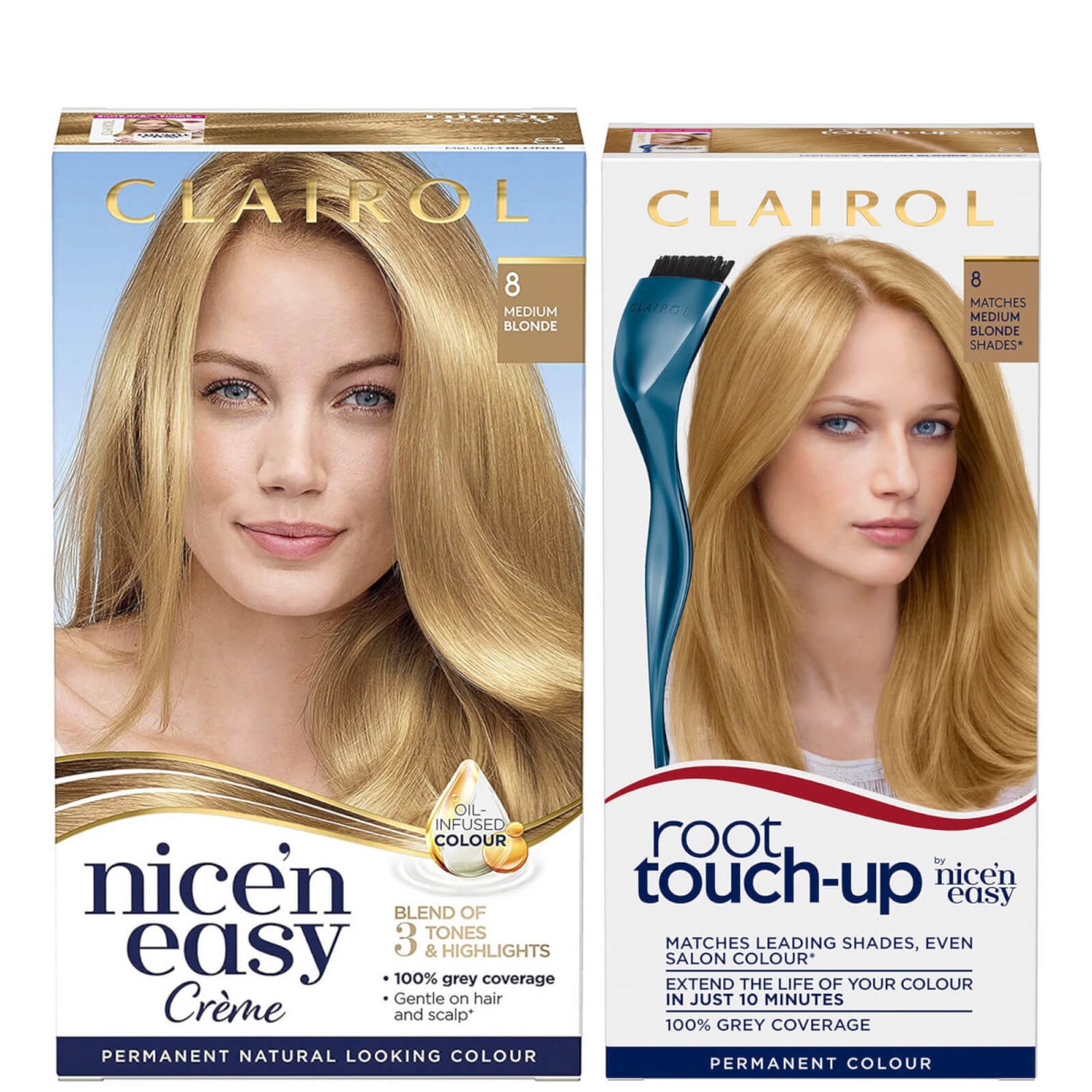 Clairol Root Touch-Up Medium Blonde x Nice'n Easy Permanent 8 Blonde Bundle - lookfantastic