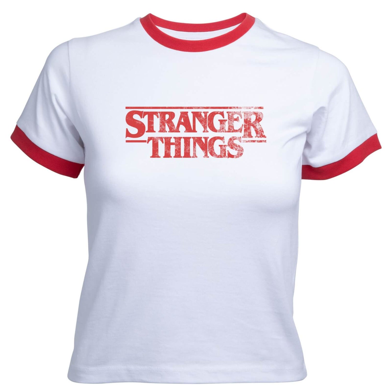 Stranger Things Vintage Logo Women's Cropped Ringer T-Shirt - White Red