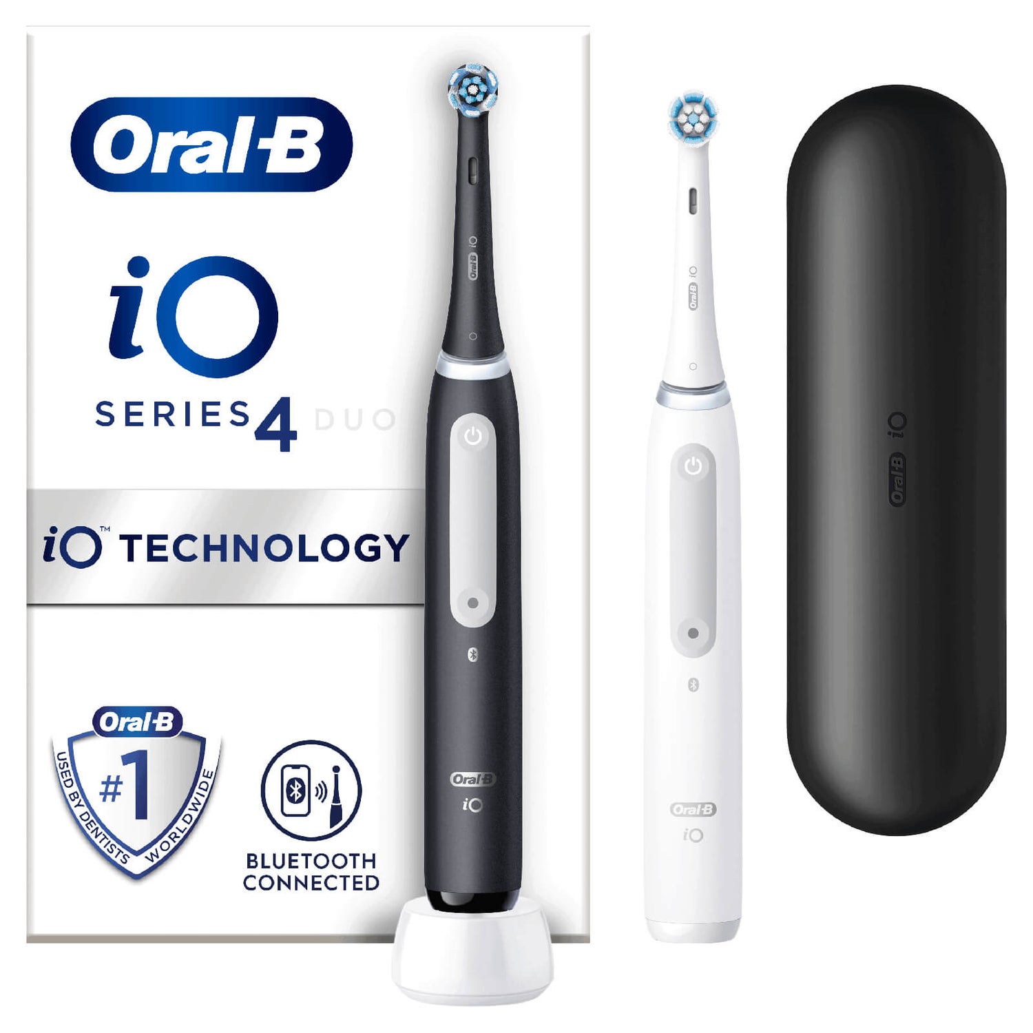 Oral-B iO4 Duo Pack of Two Electric Toothbrushes, Matte Black & White with Travel Case