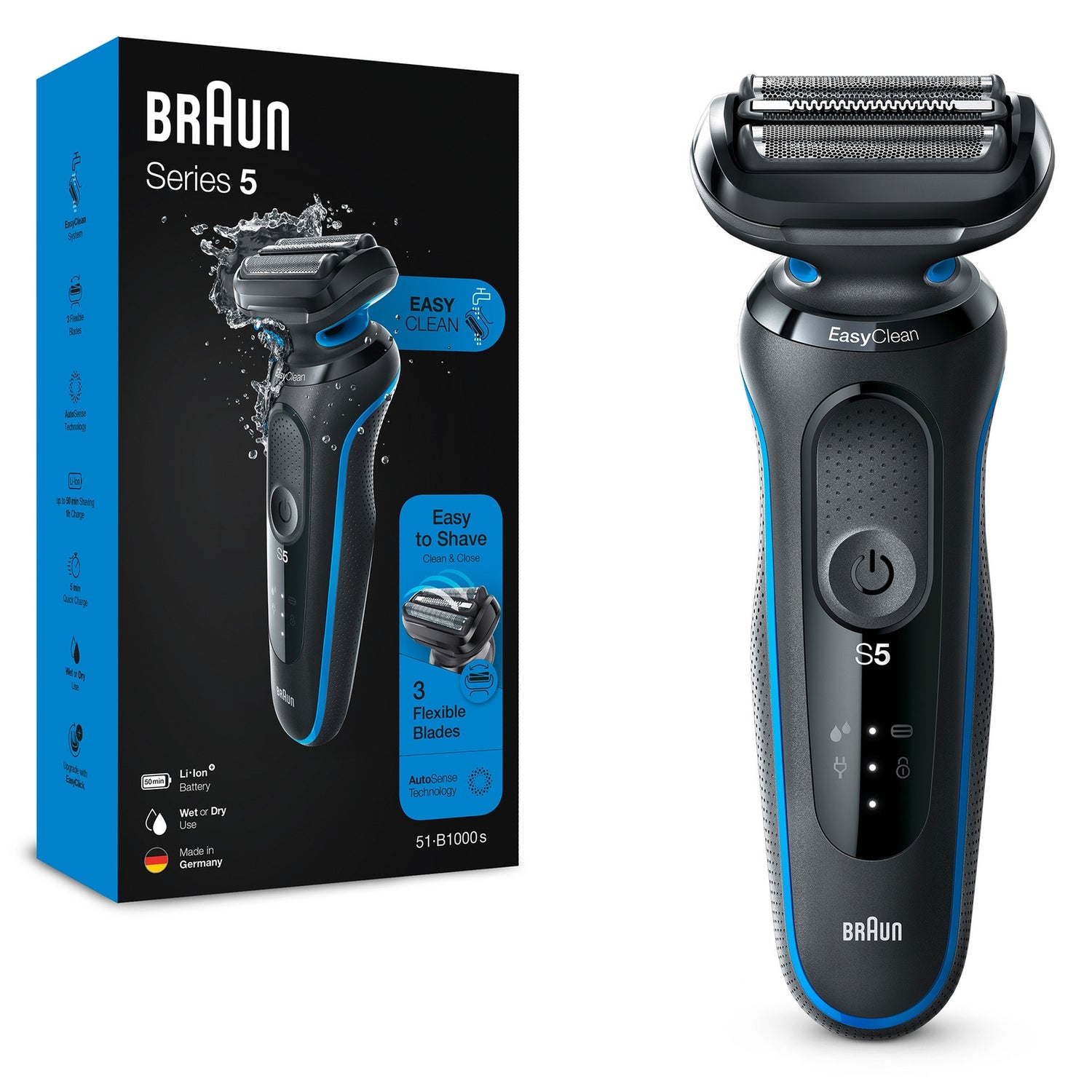 Braun Series 5 51-B1000s Electric Shaver for Men, EasyClean, Wet & Dry, Rechargeable, Cordless Foil Razor, Blue