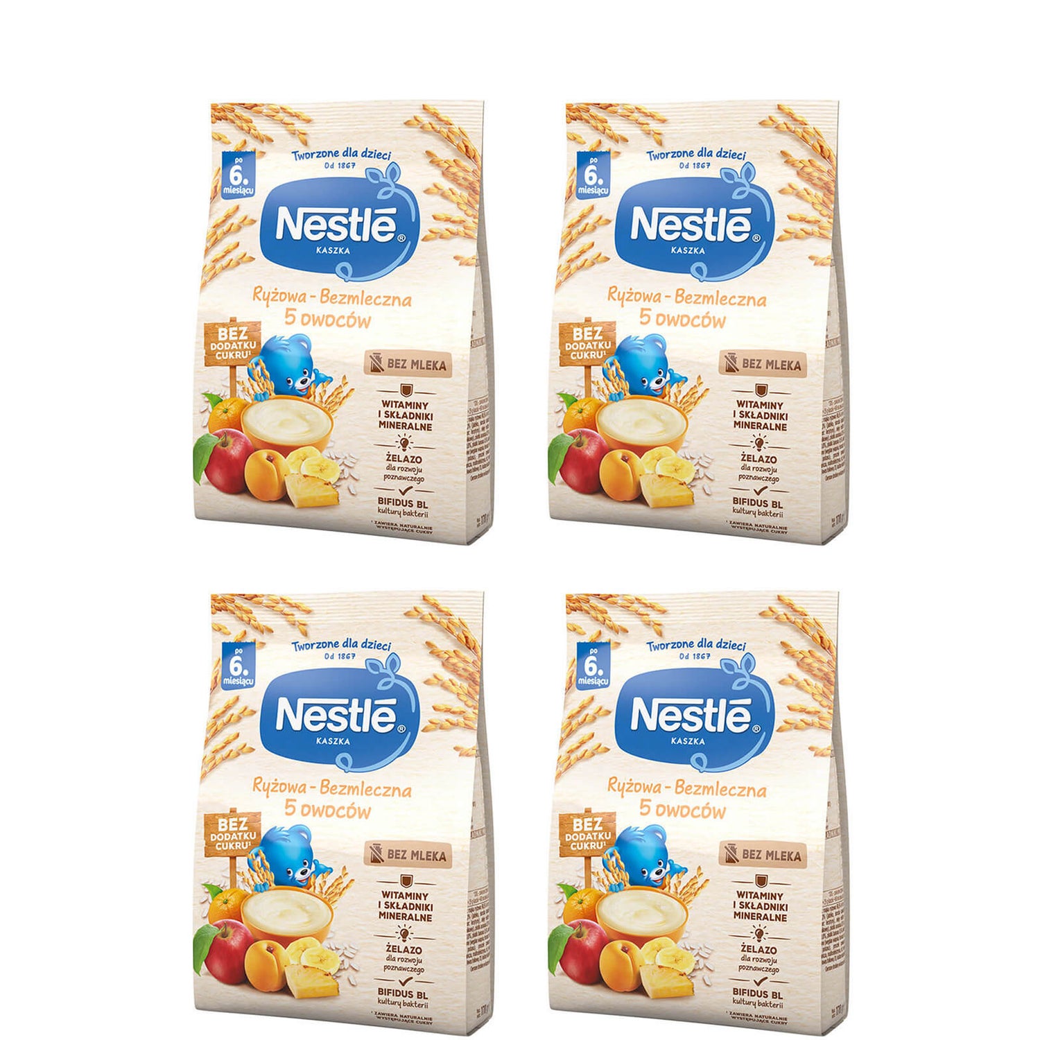 Zestaw Nestlé Kaszka ryżowa-bezmleczna 5 owoców - 4 x 170g
