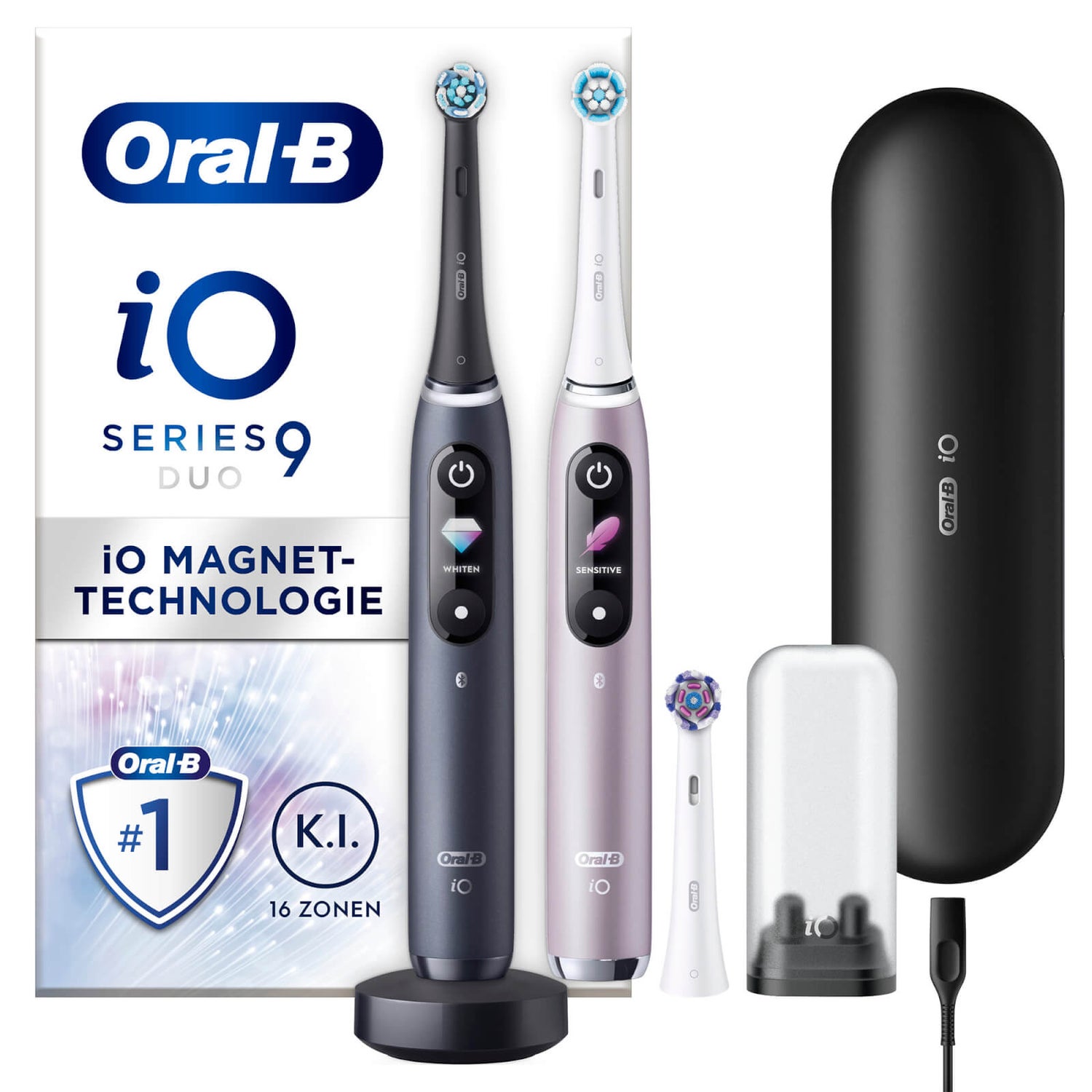 Oral-B iO Series 9 Duopack Elektrische Zahnbürste, Lade-Reiseetui, Black  Onyx/Rose Quartz | Oral-B DE