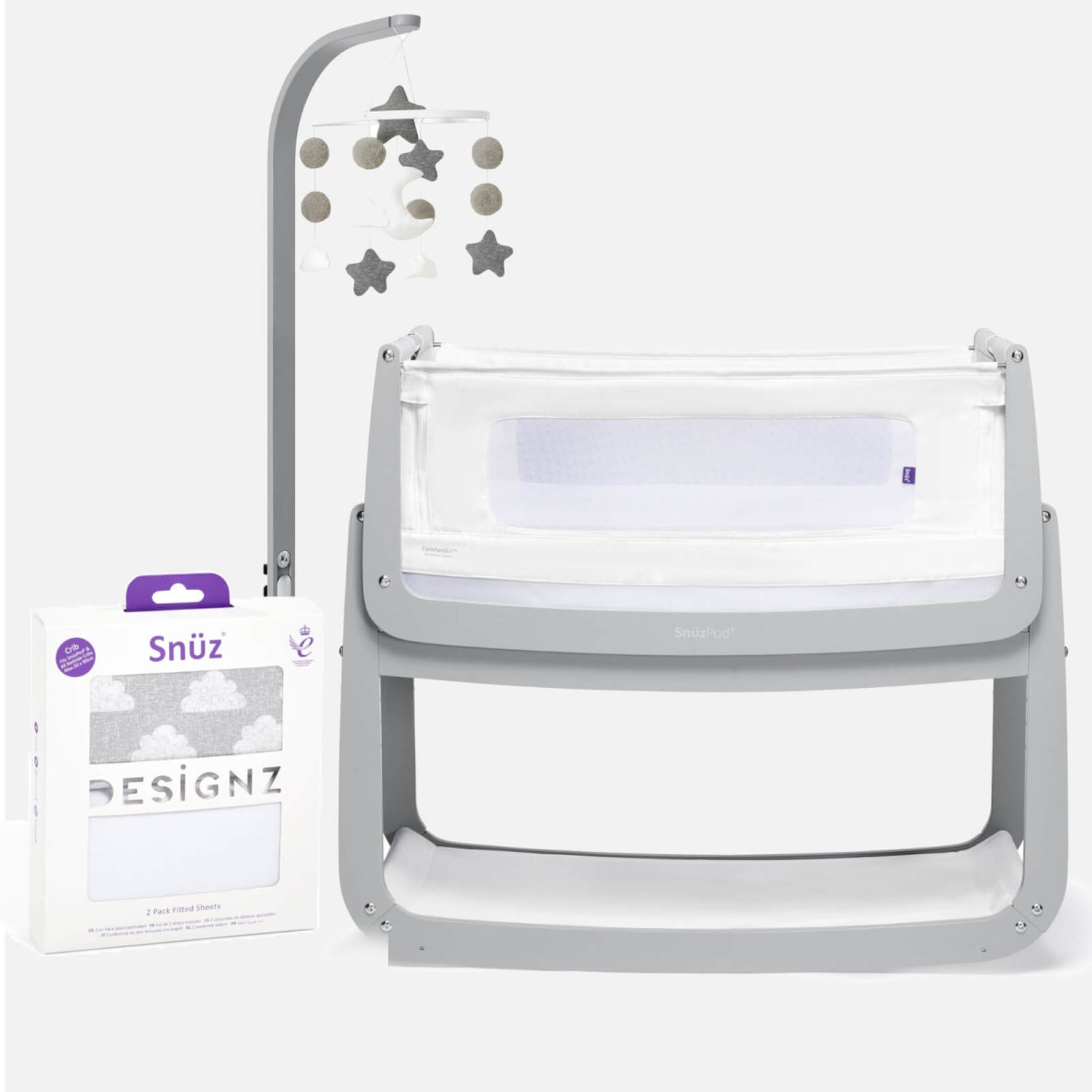 SnüzPod4 Crib, Mobile and Fitted Sheets Bundle - Dove Grey