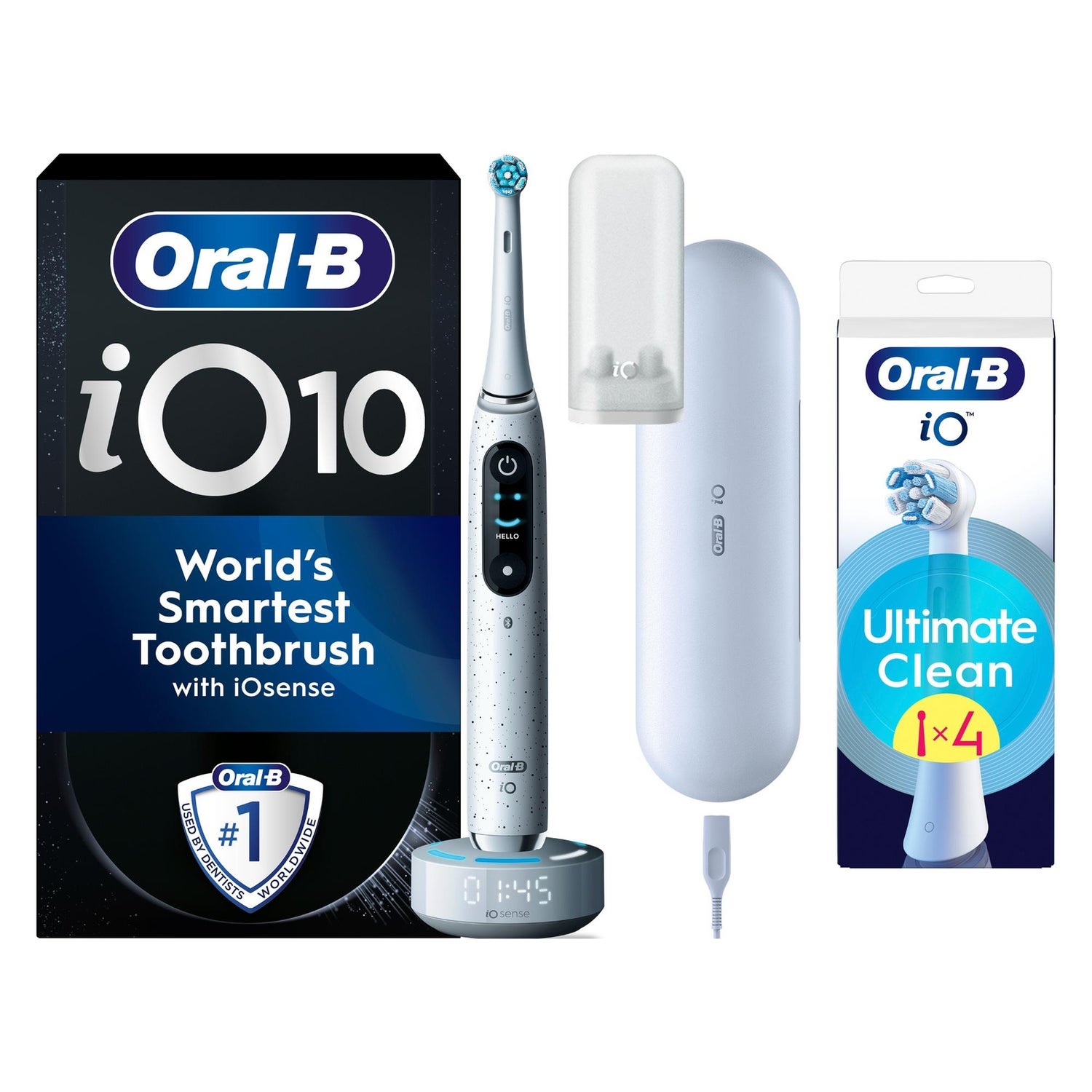 Oral B iO10 Stardust White Electric Toothbrush with Charging Travel Case + 4 Refills