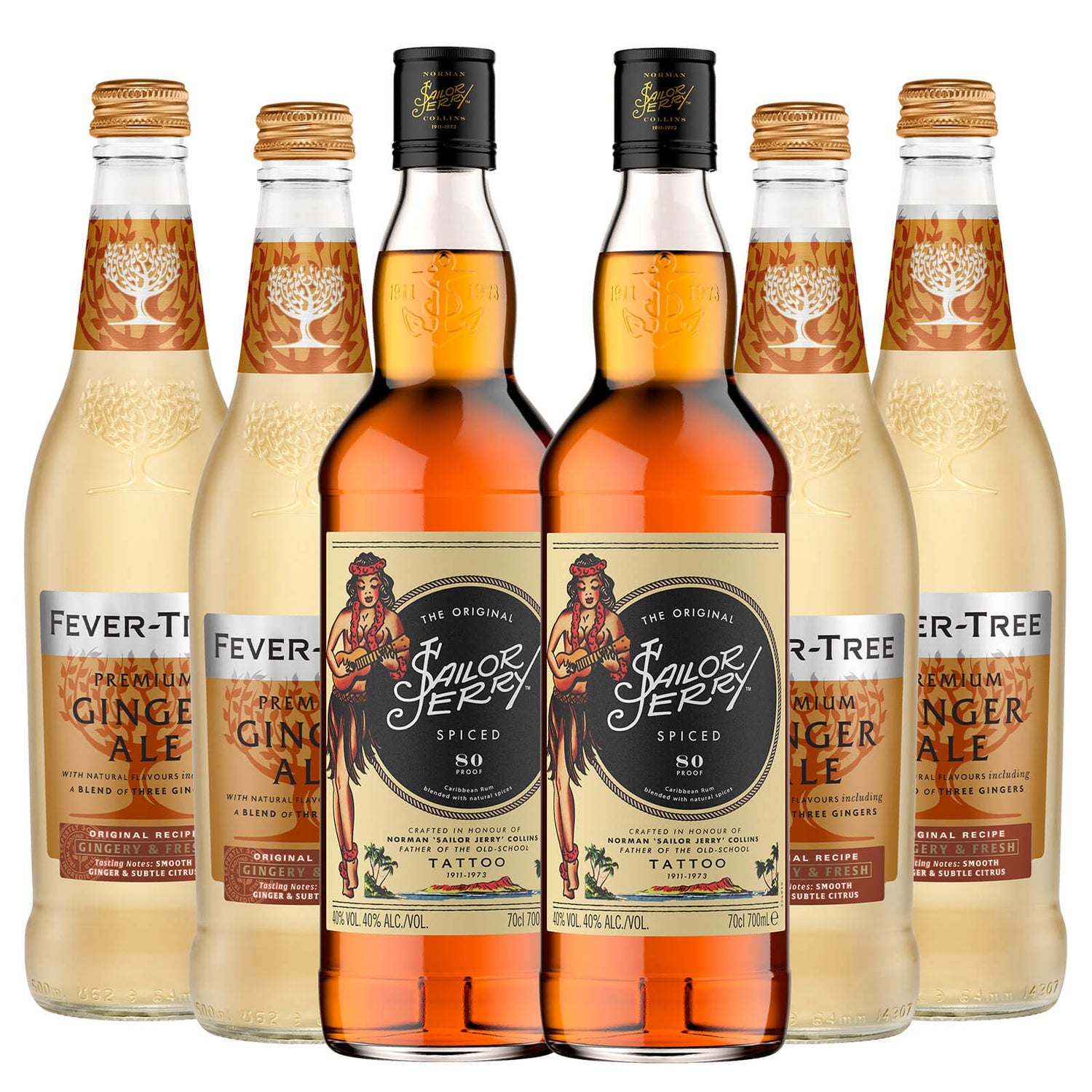 Sailor Jerry Spiced Rum & Ginger Ale Cocktail Double Bundle, 2 x 70cl Sailor Jerry Spiced Rum, 4 x 500ml Fever-Tree Ginger Ale