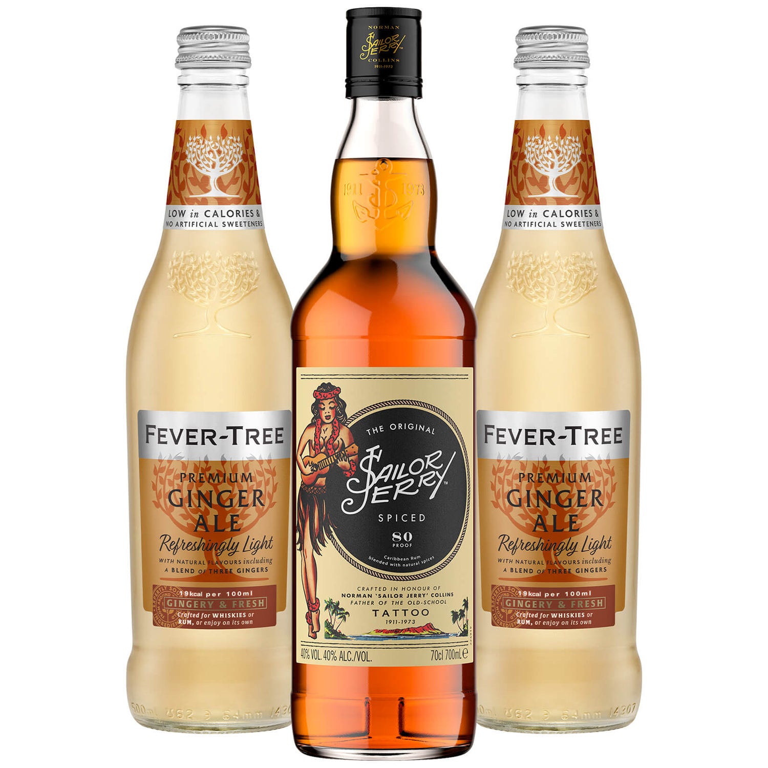 Sailor Jerry Spiced Rum & Ginger Ale Cocktail Bundle, 1 x 70cl Sailor Jerry Spiced Rum, 2 x 500ml Light Fever-Tree Ginger Ale