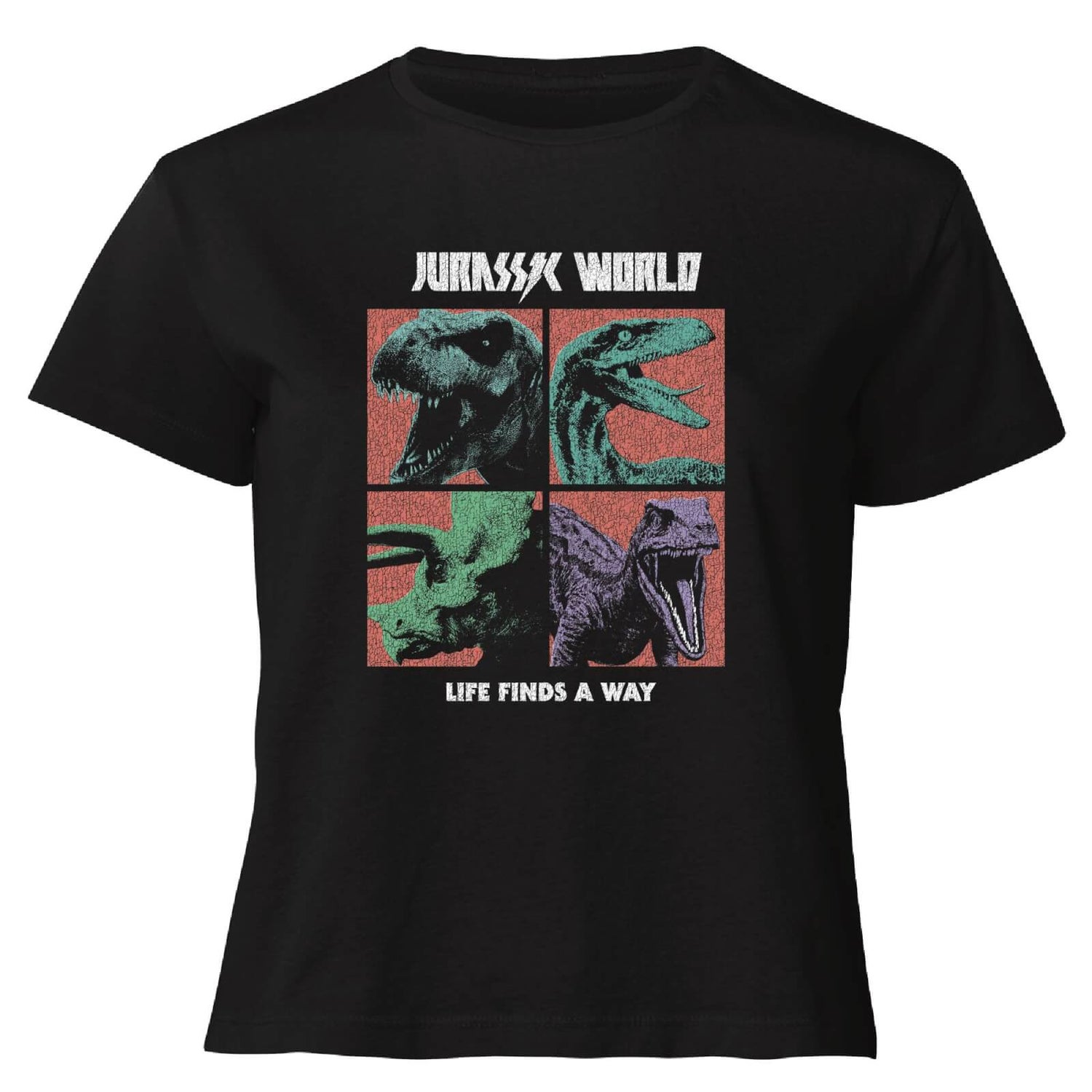 Jurassic Park World Four Colour Faces Women's Cropped T-Shirt - Black