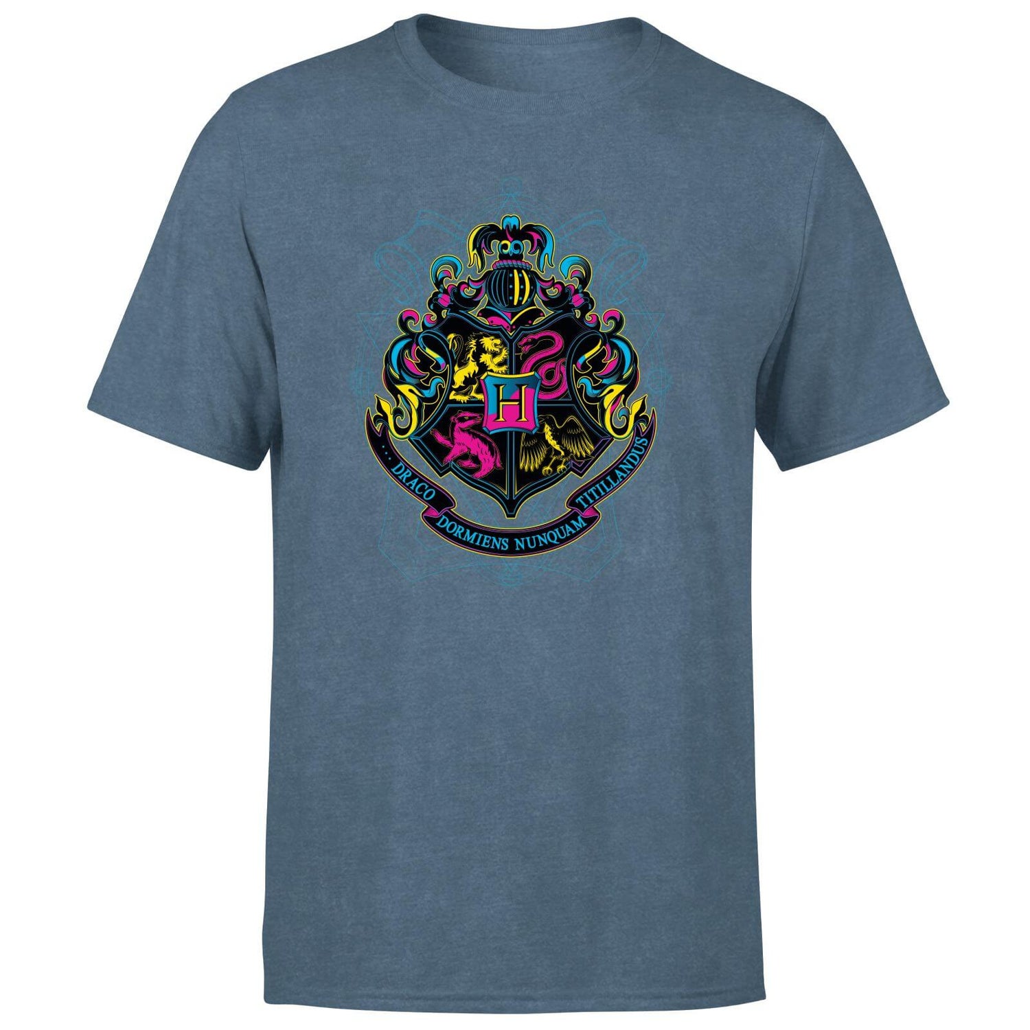 Harry Potter Hogwarts Neon Crest Men's T-Shirt - Navy Acid Wash