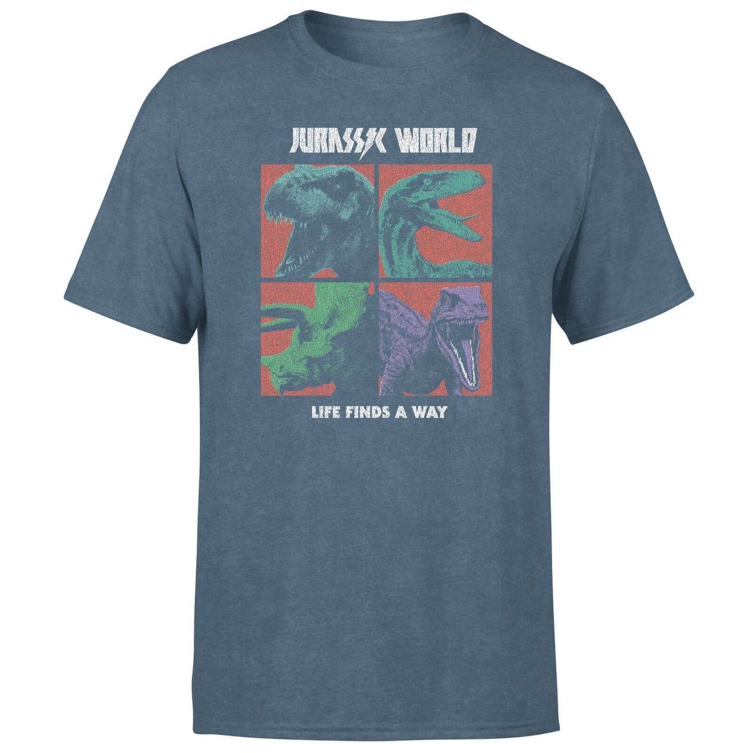 Jurassic Park World Four Colour Faces Men's T-Shirt - Navy Acid Wash