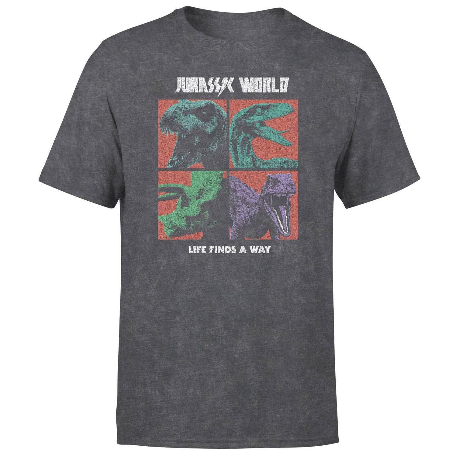 Jurassic Park World Four Colour Faces Men's T-Shirt - Black Acid Wash