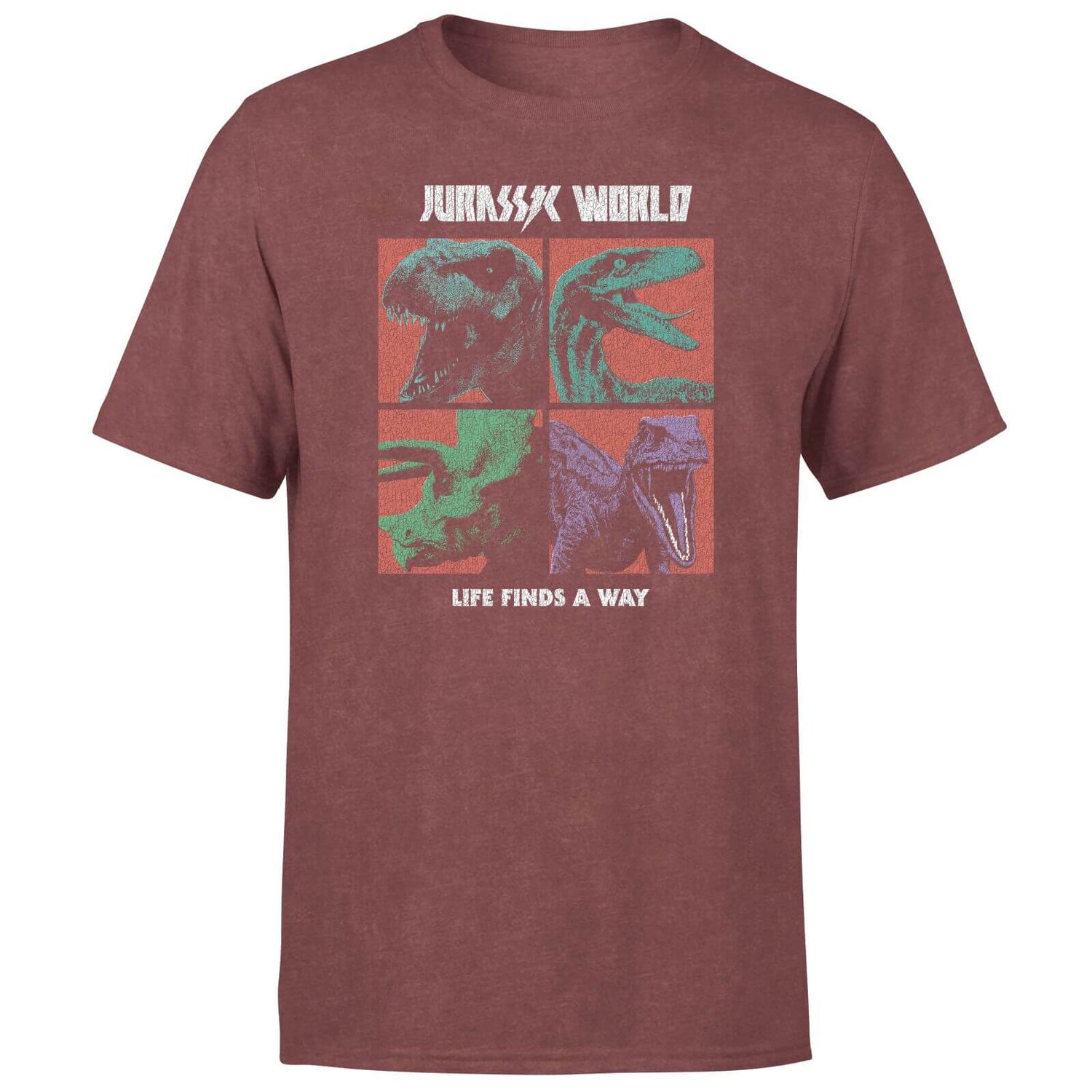 Jurassic Park World Four Colour Faces Men's T-Shirt - Burgundy Acid Wash