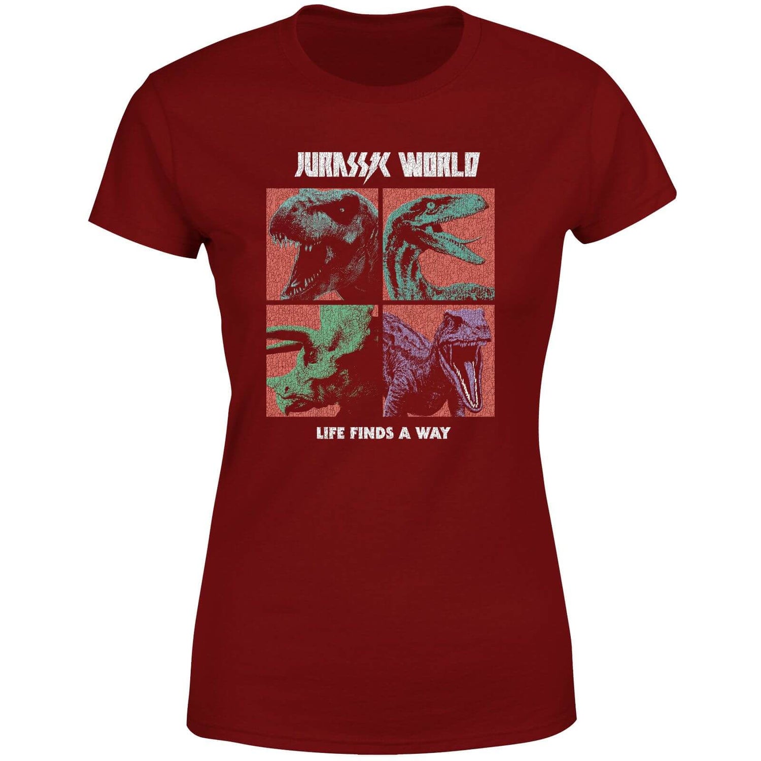 Jurassic Park World Four Colour Faces Women's T-Shirt - Burgundy