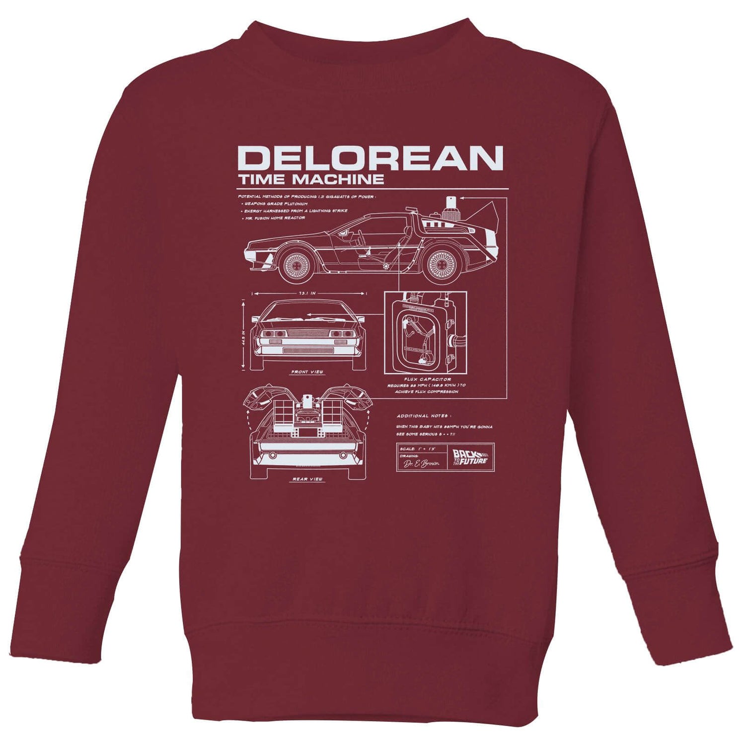 Back To The Future Delorean Schematic Kids' Sweatshirt - Burgundy