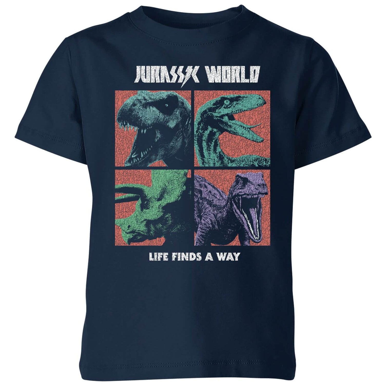 Jurassic Park World Four Colour Faces Kids' T-Shirt - Navy