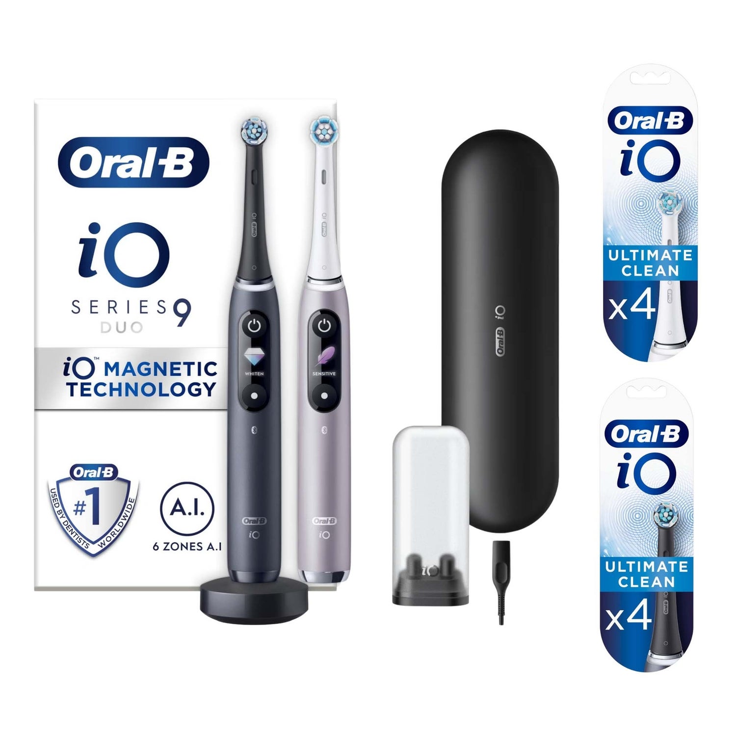 Oral-B iO9 Duo Pack of Two Electric Toothbrushes, Black Lava & Rose Quartz