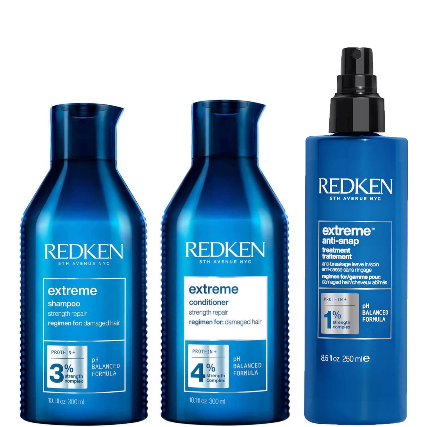 Set de champú, acondicionador y tratamiento antirroturas sin aclarado Extreme reparador para cabello dañado de Redken