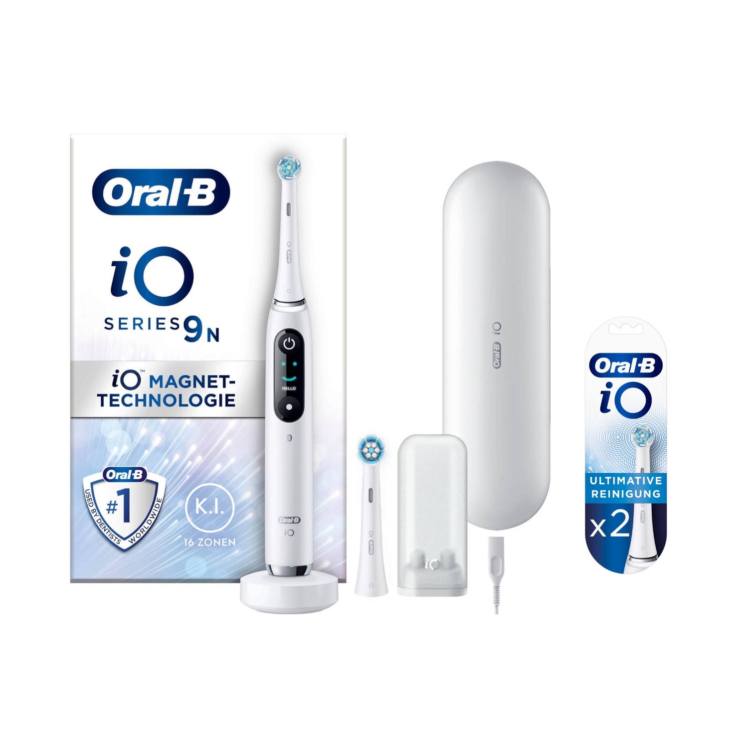 Oral-B iO Series 9 Elektrische Zahnbürste, Lade-Reiseetui, White Alabaster