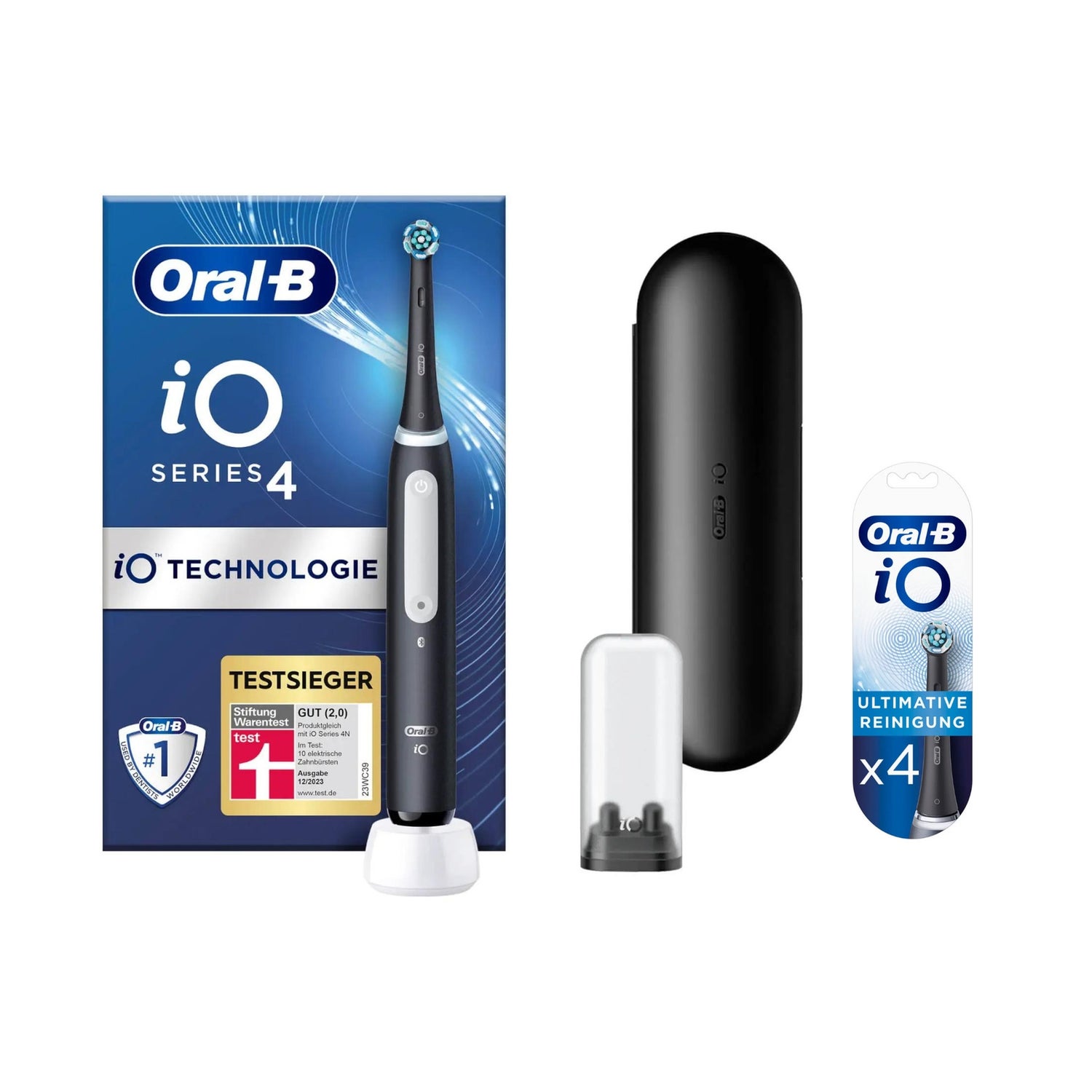Oral-B iO Series 4 Elektrische Zahnbürste, Reiseetui, Matt Black mit 4 Aufsteckbürsten