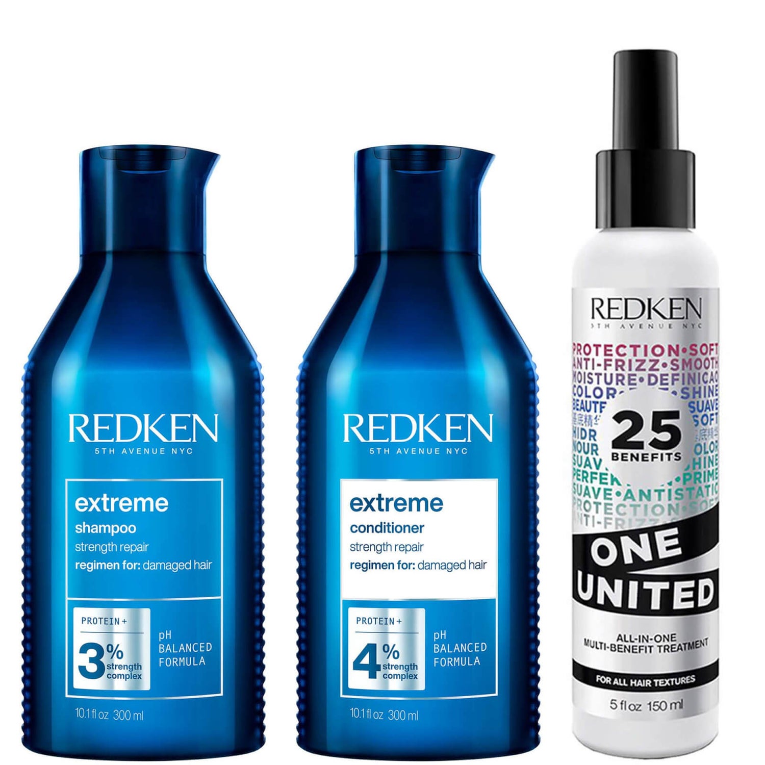 Redken Extreme Shampoo Conditioner and One United Multi-Benefit Leave-in Treatment Strength Repair Bundle for Damaged Hair