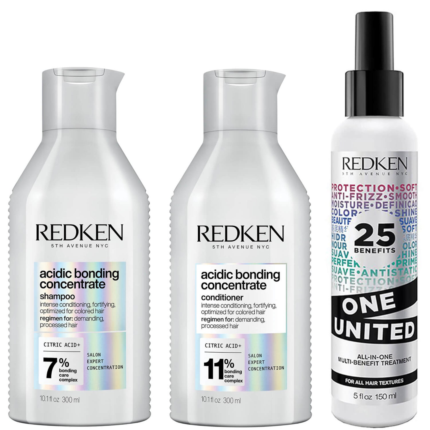 Redken Acidic Bonding Concentrate Shampoo, Conditioner and One United Multi-Benefit Leave-in Treatment Bond Repair Bundle