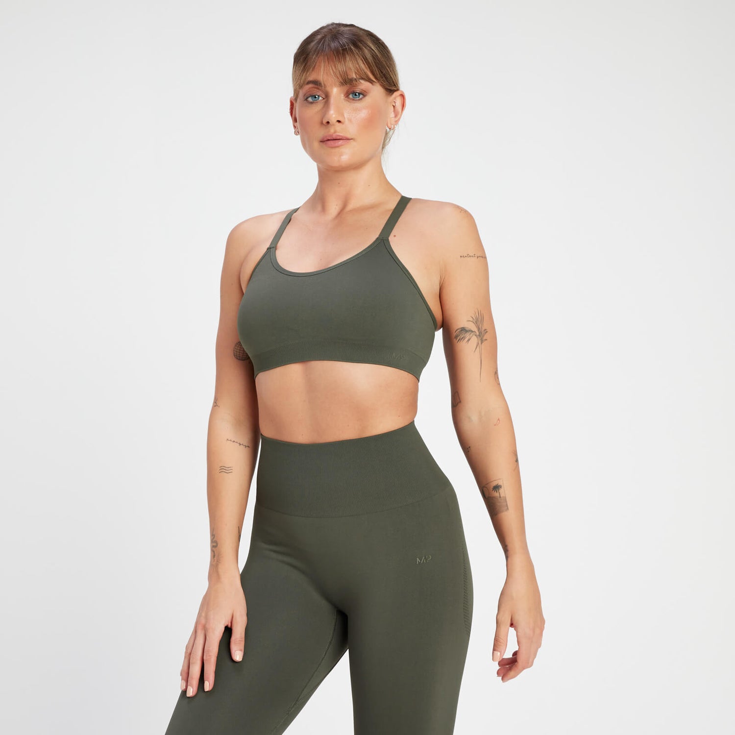 MP Women's Rest Day Seamless Cross Back Sports Bra - Taupe Green  - XS