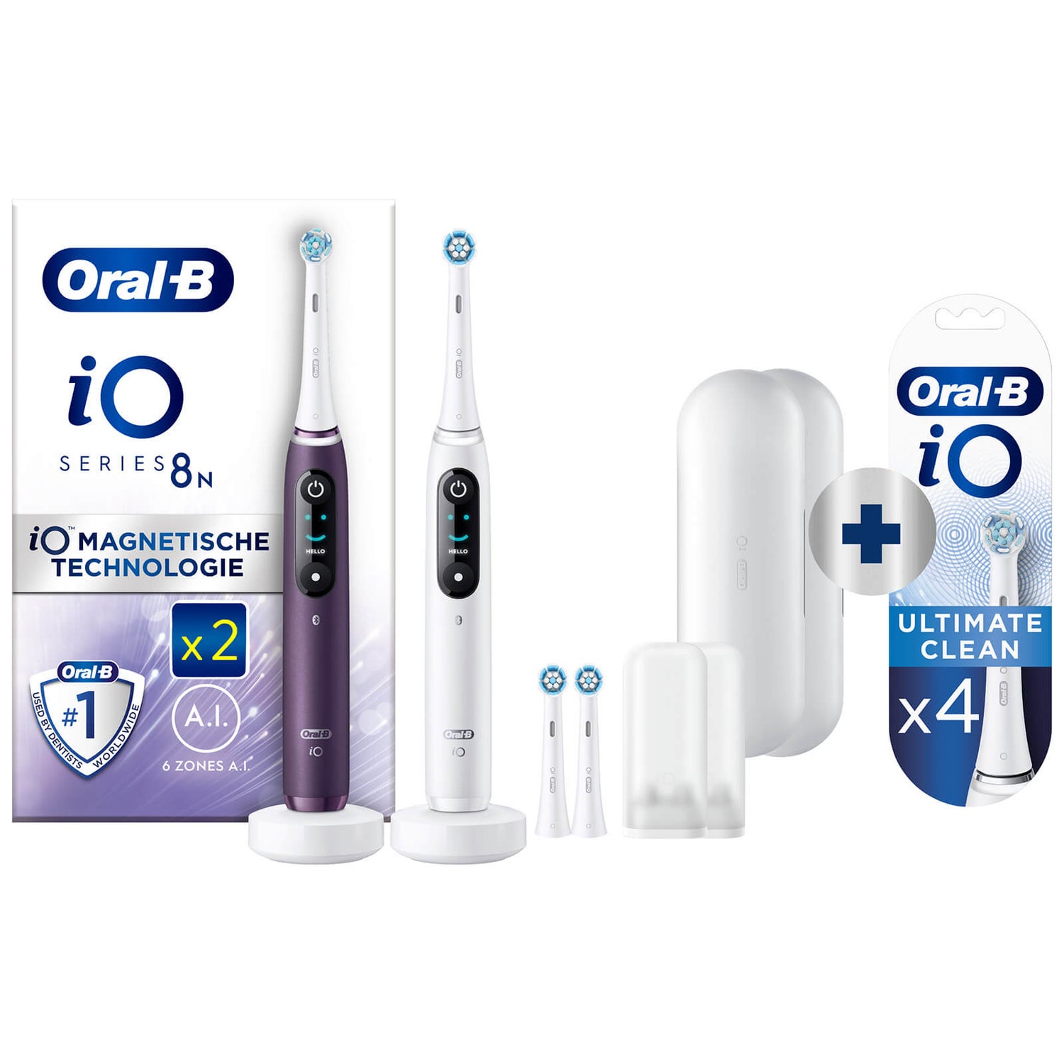 Oral-B iO Series 8N White & Violet Electric Toothbrushes Virtual Duo + 4 Refills
