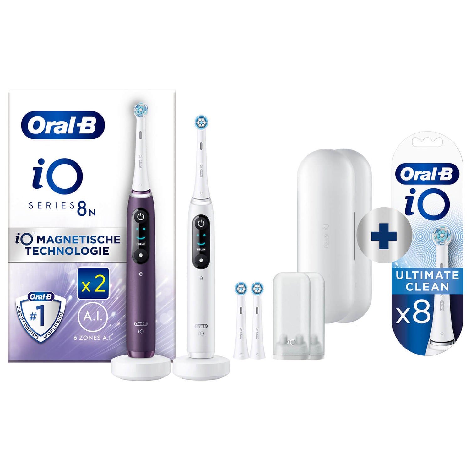Oral-B iO Series 8N White & Violet Electric Toothbrushes Virtual Duo + 8 Refills