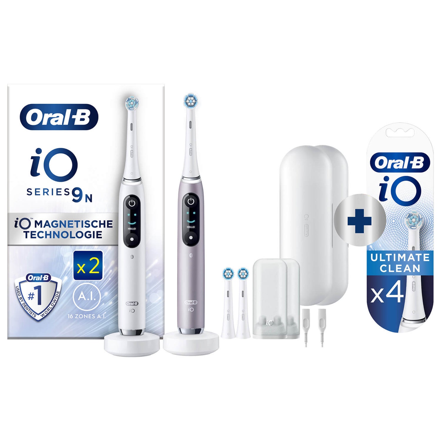 Oral B iO Series 9N White & Rose Quartz Electric Toothbrushes Virtual Duo + 4 Refills